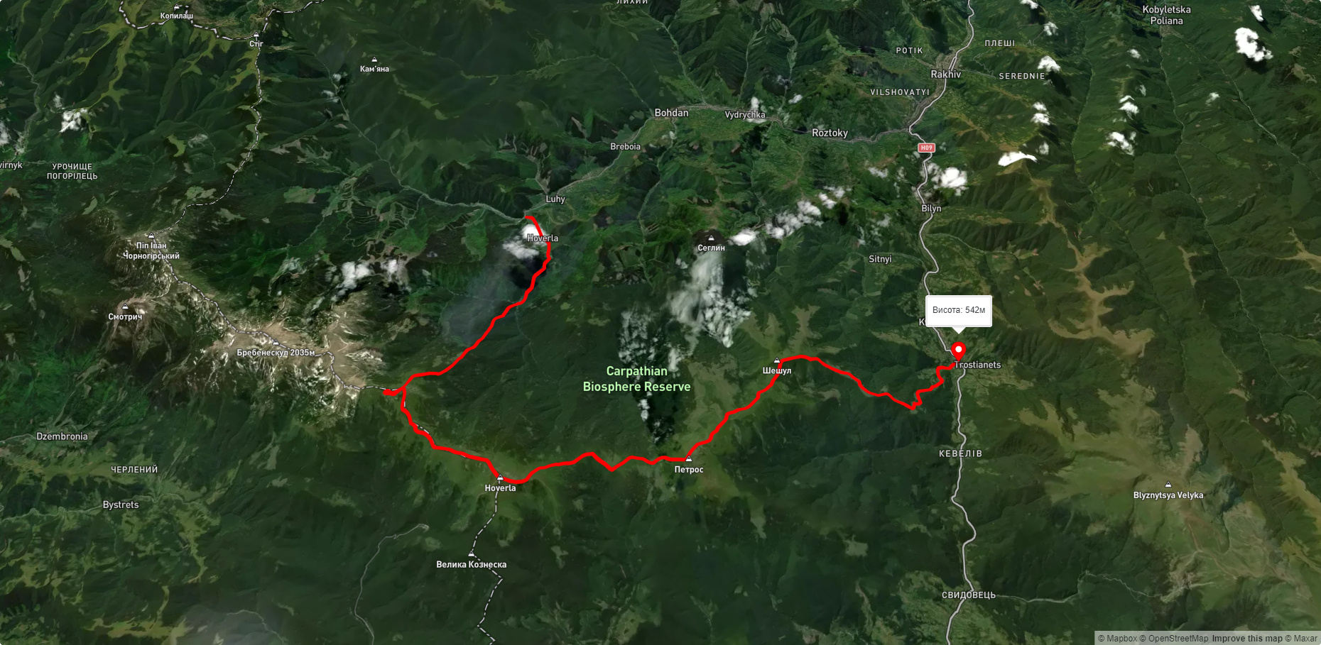 с. Луги, через оз. Несамовите, г. Говерла, г. Петрос до с. Кваси