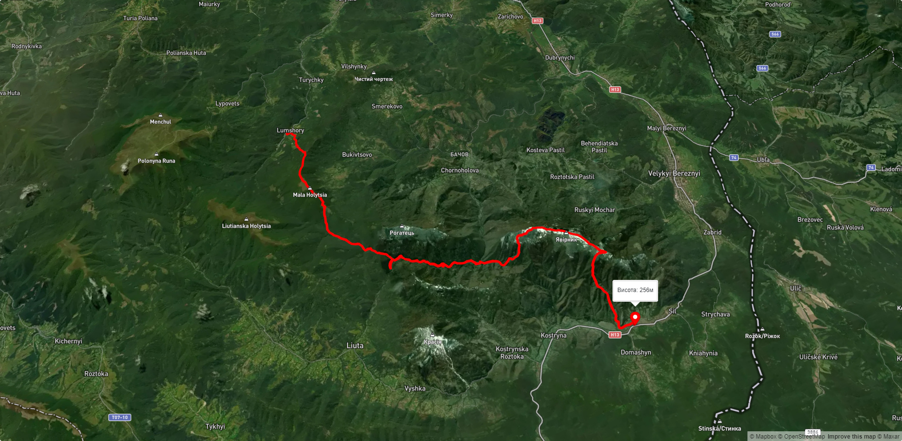 с. Лумшори, через г. Мала Голиця, г. Явірник до с. Сіль