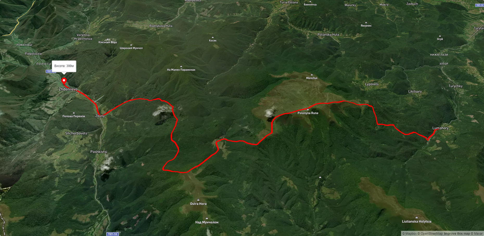 с. Лумшори, через Полонину Руна, ур. Прелука, г. Остра Гора, с. Збини до с. Жденієво