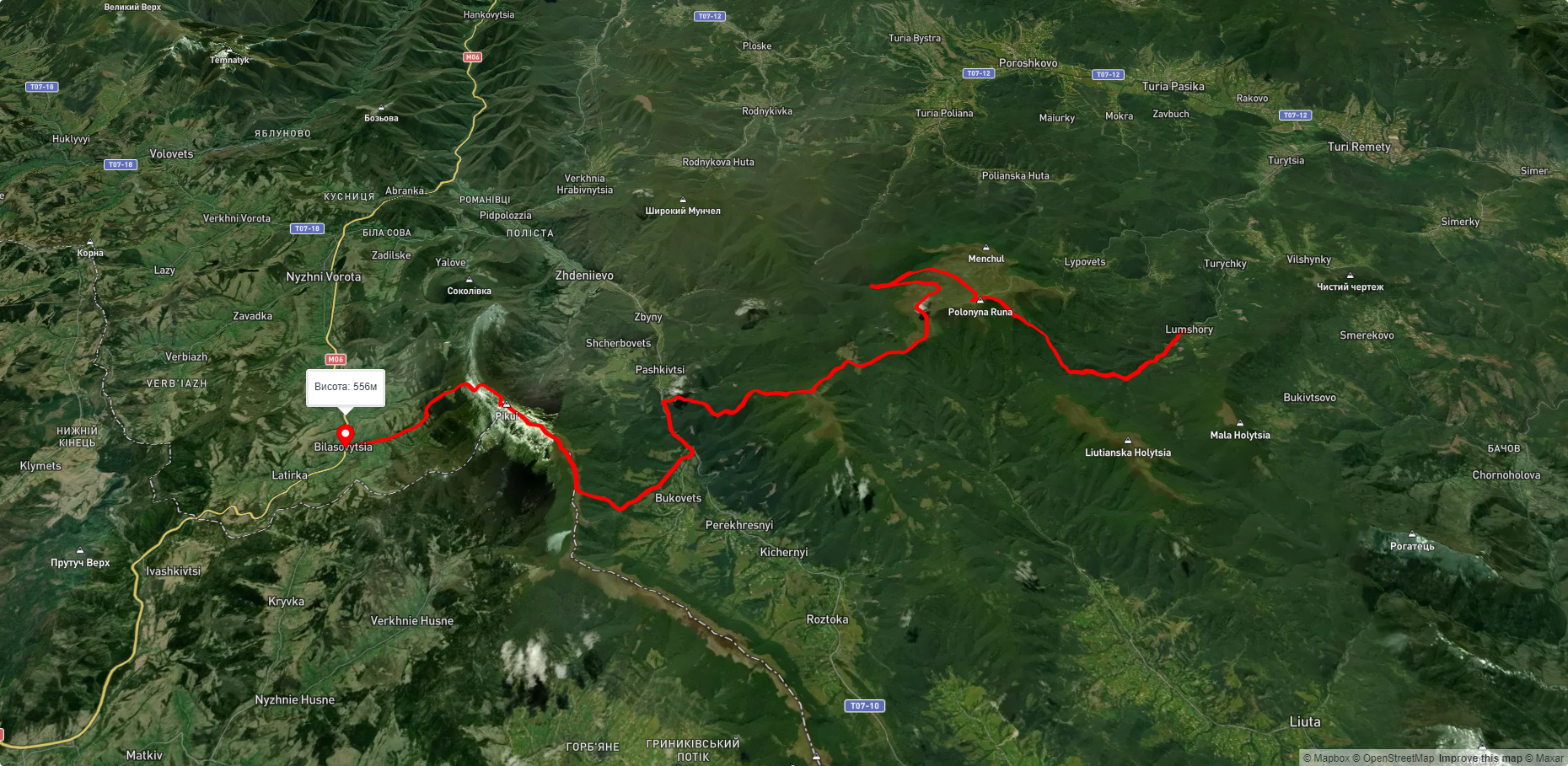 с. Лумшори, через Полонину Руна, вдсп. Воєводин, ур. Прелука, г. Остра Гора, с. Пашківці, г. Пікуй до с. Біласовиця
