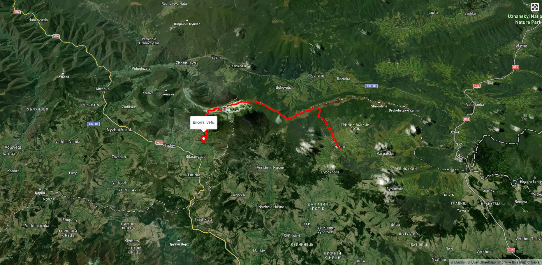 с. Либохора, через г. Великий Верх, г. Пікуй до с. Біласовиця