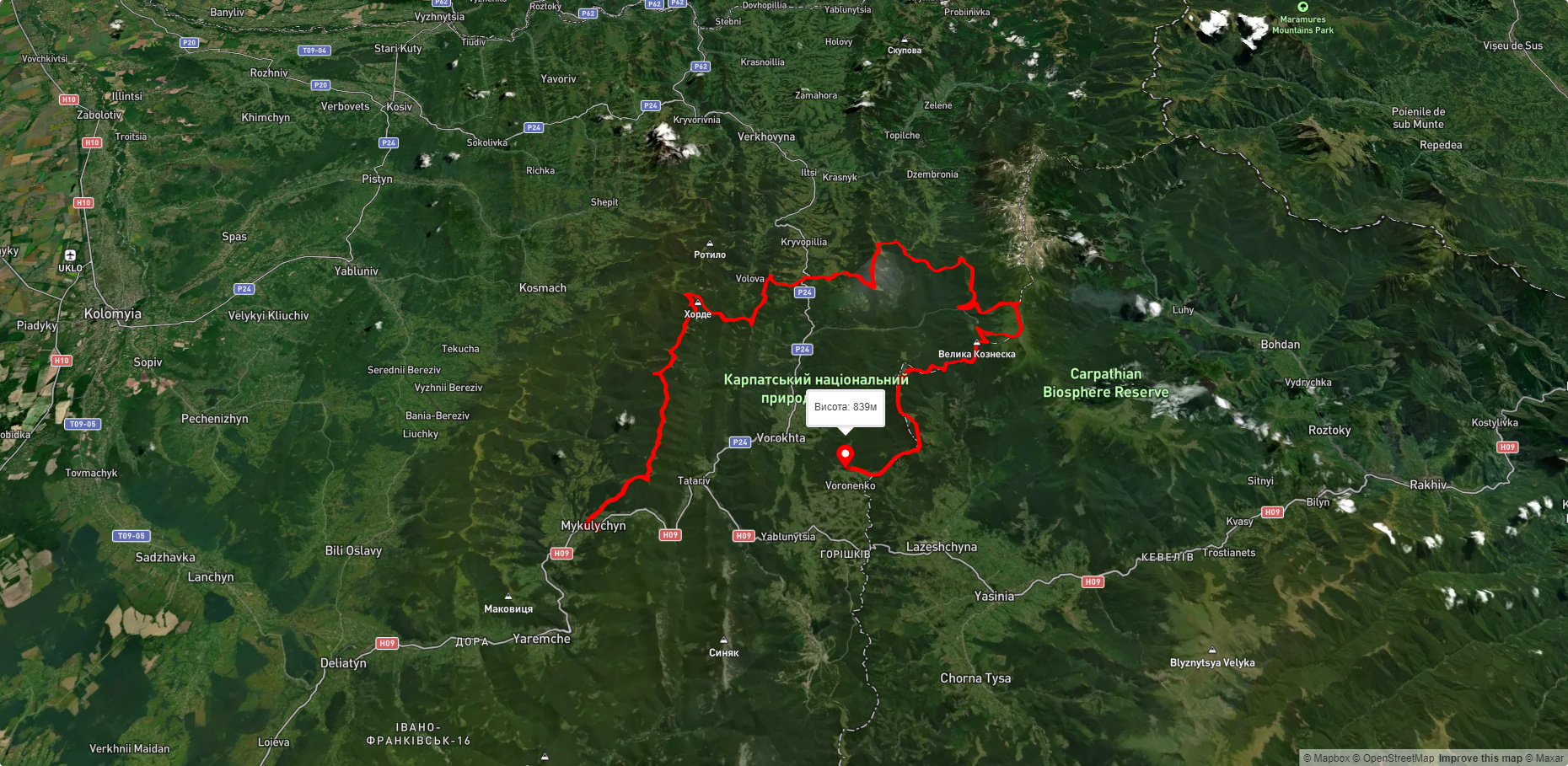 с. Микуличин, через г. Хорде, г. Пожижевська, г. Говерла, г. Кукул до с. Вороненко