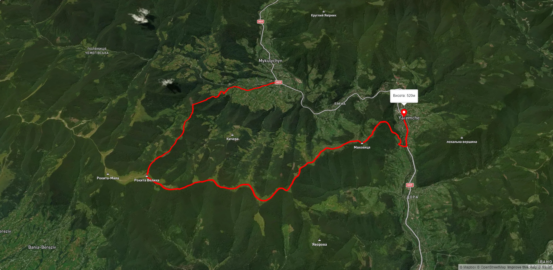 с. Микуличин, через г. Костел, г. Рокита, г. Маковиця до м. Яремче