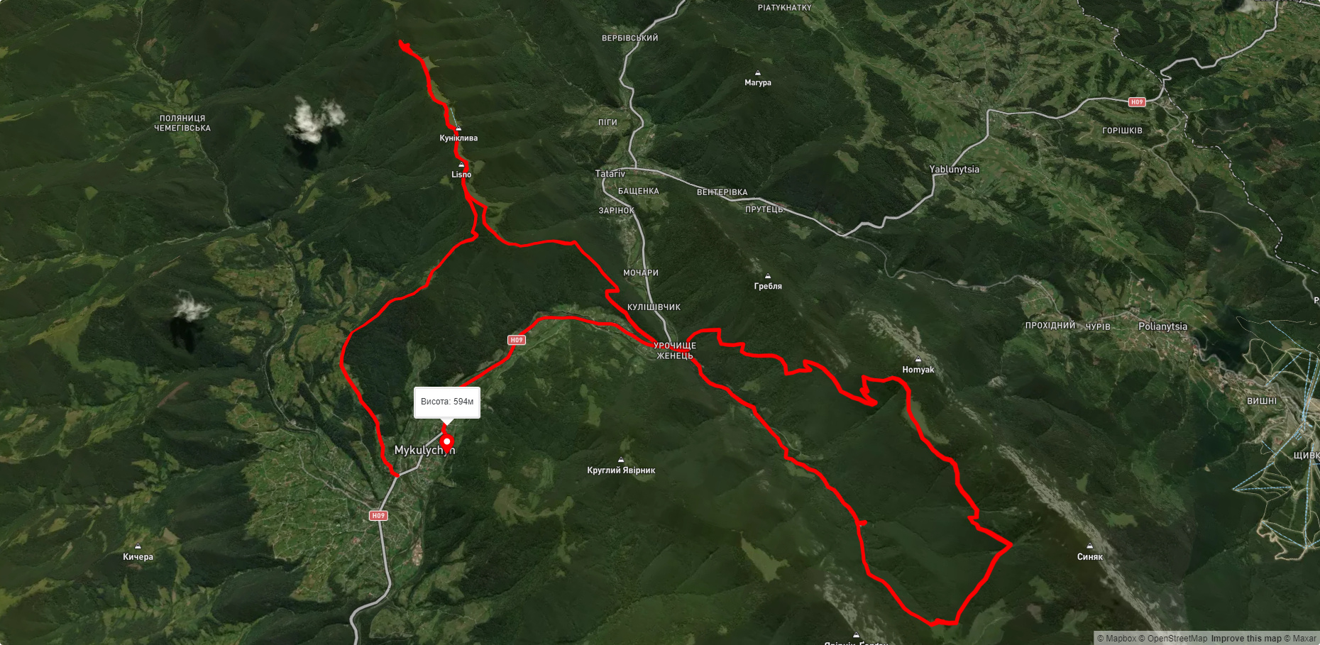 с. Микуличин, через г. Ягідна, г. Ліснів, ур. Женець, пол. Хом'яків, вдсп. Женецький Гук до с. Микуличин