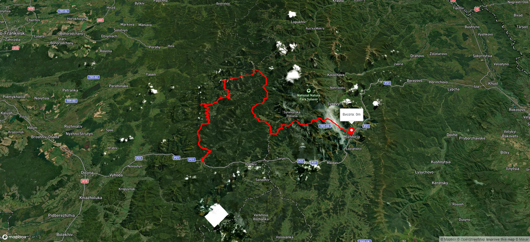 с. Мислівка, через г. Молода, г. Попадя, с. Свобода, оз. Синевир, г. Озерна до смт. Міжгір'я