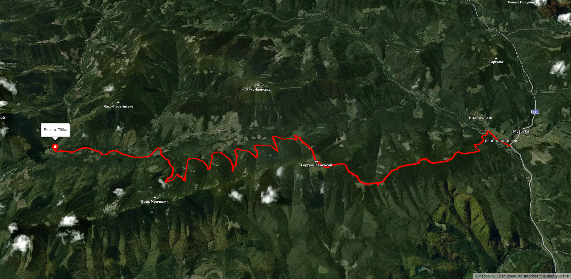 с. Мислівка, через г. Вел. Пустушак, пол. Німецька, г. Горган Ілемcький до с. Осмолода