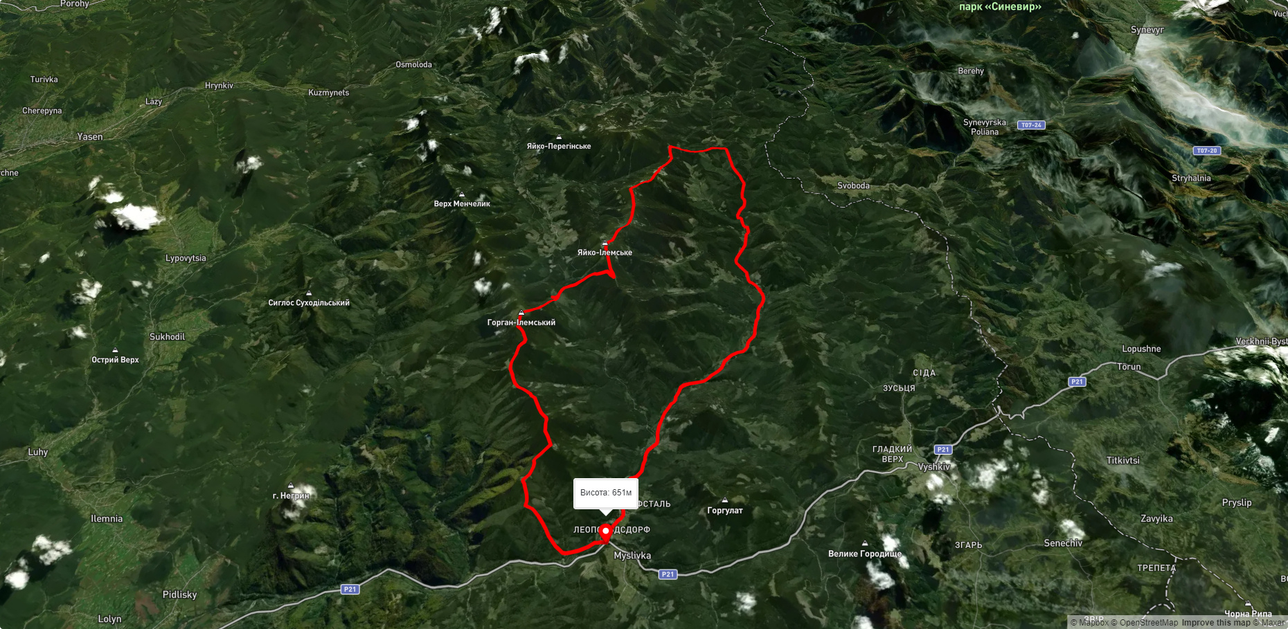 с. Мислівка, через г. Яйко-Ілемське, г. Горган-Ілемський до с. Мислівка