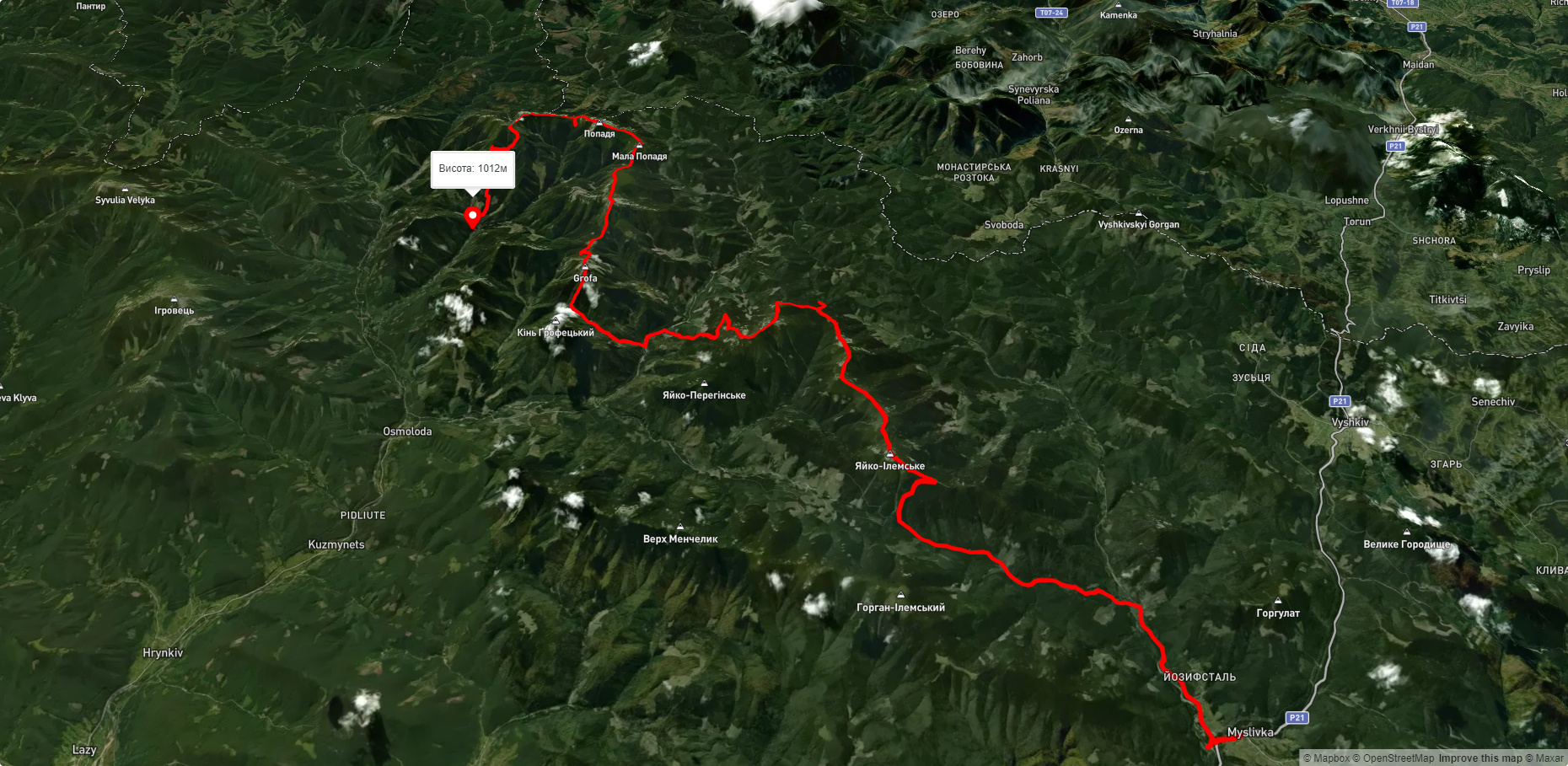 с. Мислівка, через г. Яйко-Ілімеське, г. Молода, г. Грофа, г. Попадя до с. Осмолода