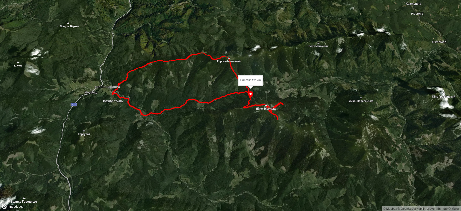 с. Мислівка, через г. Яйко Ілемське, г. Горган Ілемський до с. Мислівка