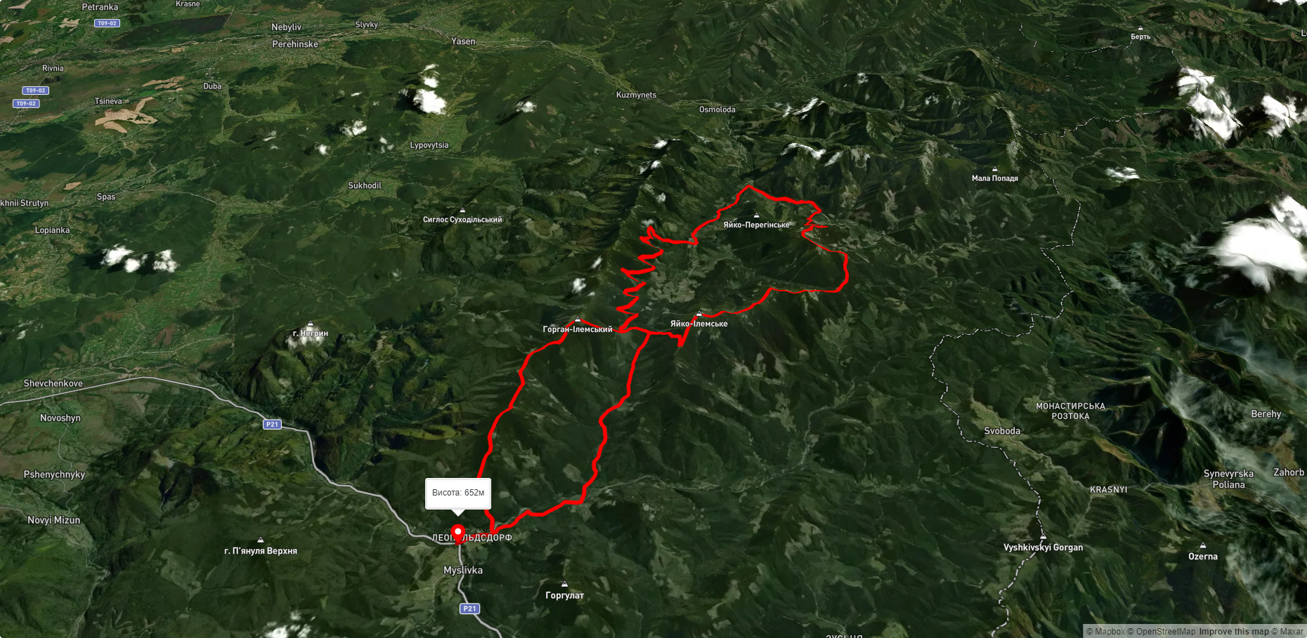 с. Мислівка, через хр. Аршиця, г. Молода, г. Яйко-Ілемське до с. Мислівка