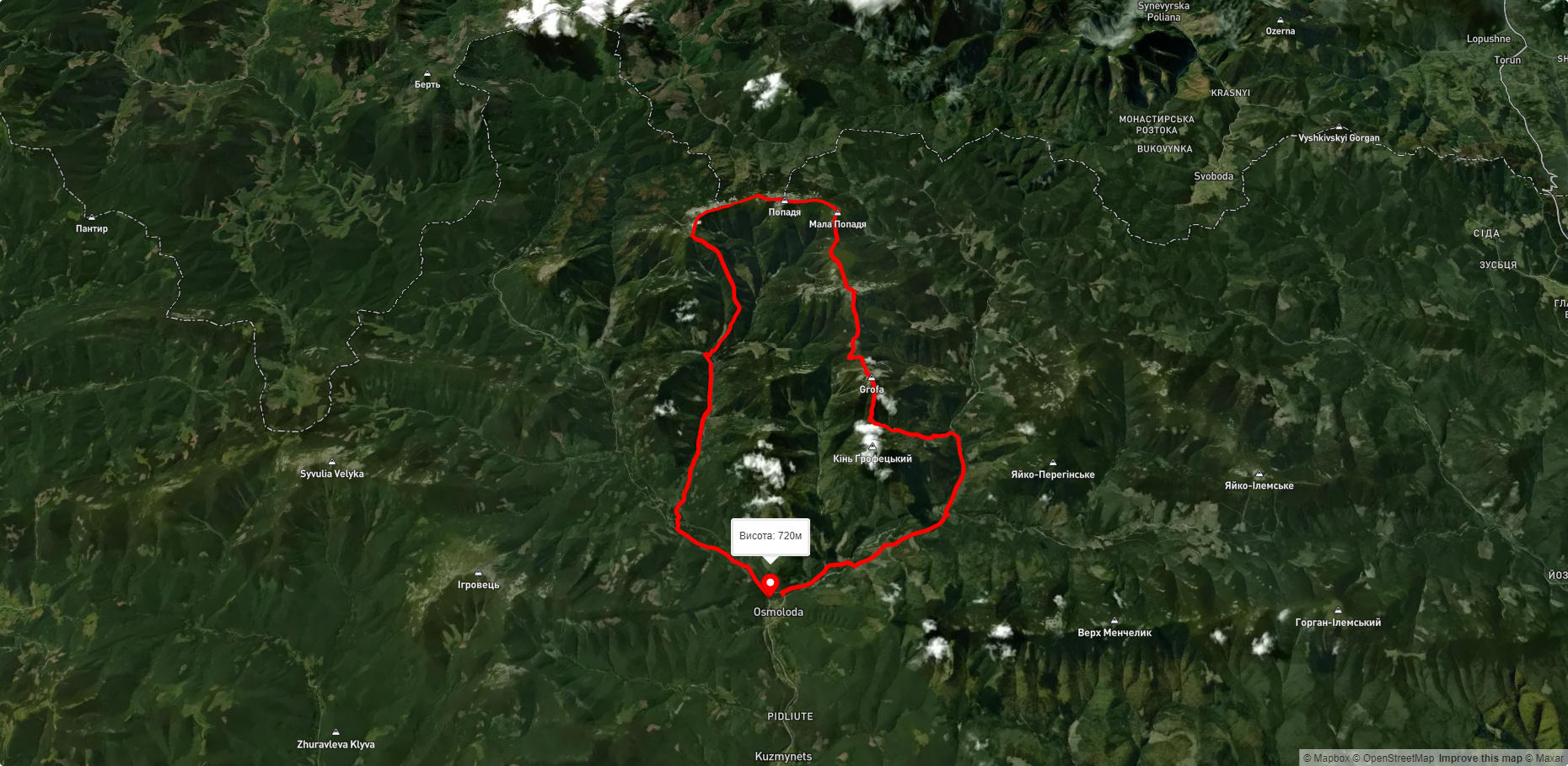 с. Осмолода, через г. Грофа, г. Коретвина, г. Попадя до с. Осмолода
