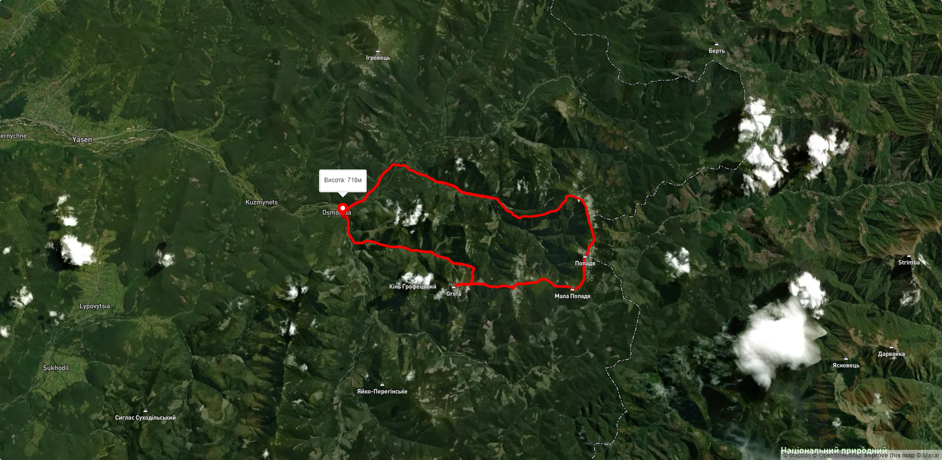 с. Осмолода, через г. Грофа, г. Паренки, г. Коретвина, г. Попадя до с. Осмолода
