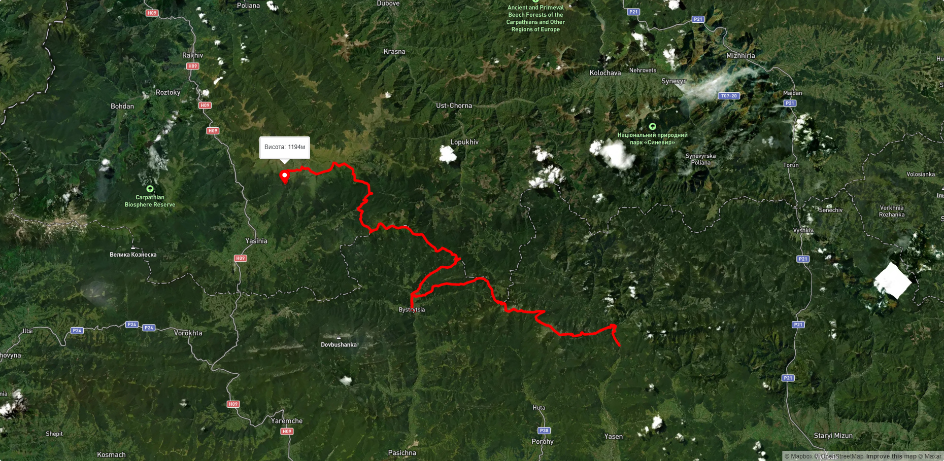 с. Осмолода, через г. Ігровець, г. Сивуля, с. Бистриця, г. Братківська, г. Руська, г. Догяска до Драгобрату