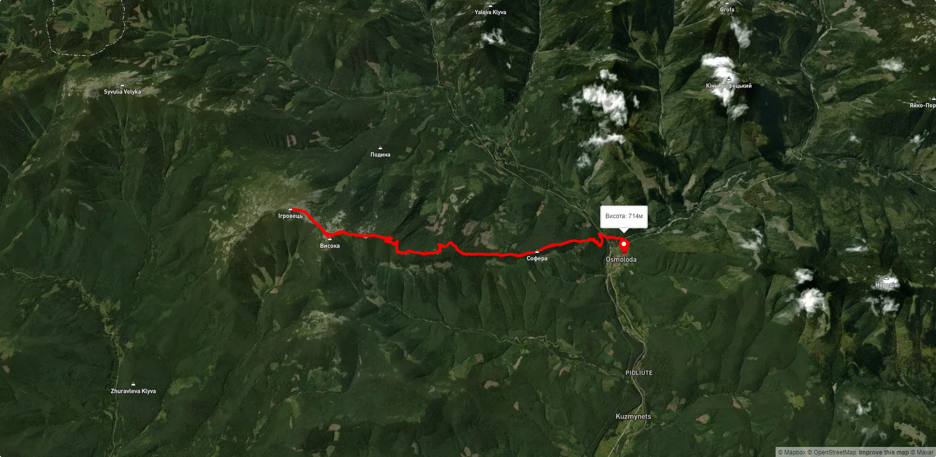 с. Осмолода, через г. Ігровець, г. Висока до с. Осмолода