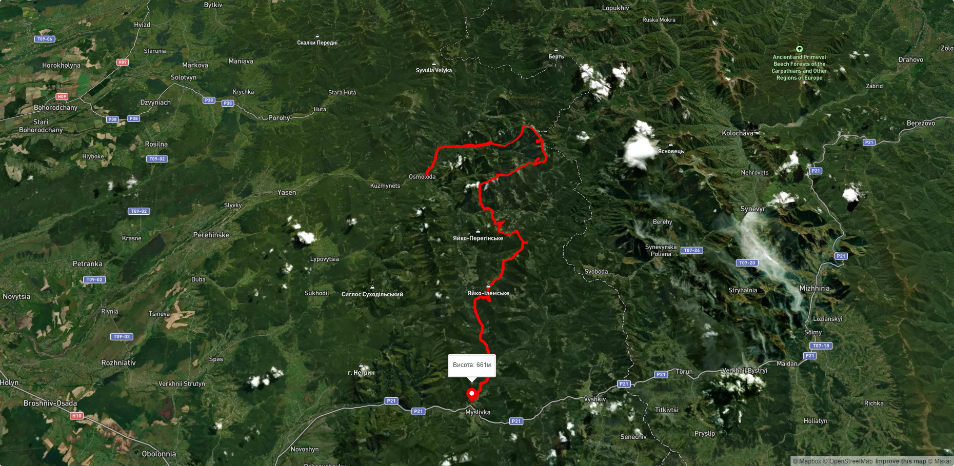 с. Осмолода, через г. Попадя, г. Коретвина, г. Грофа, г. Молода, г. Яйко-Ілемське до с. Мислівка