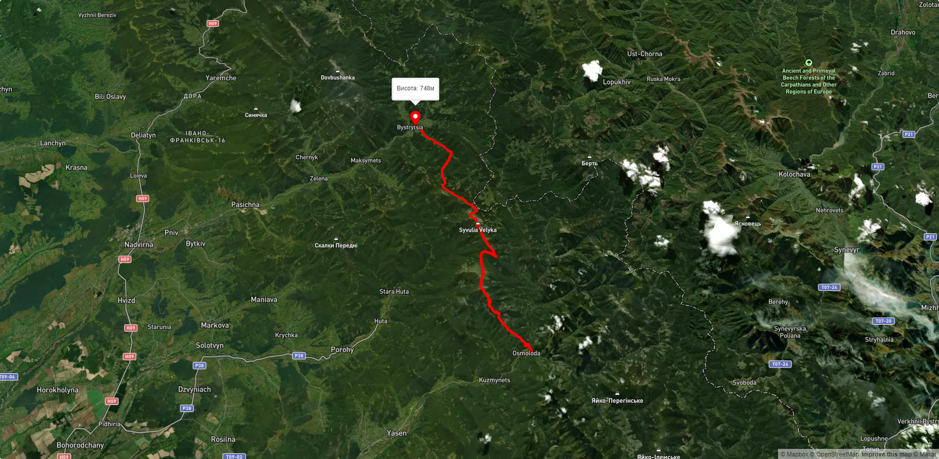 с. Осмолода, через г. Висока, г. Ігровець, г. Сивуля до с. Бистриця