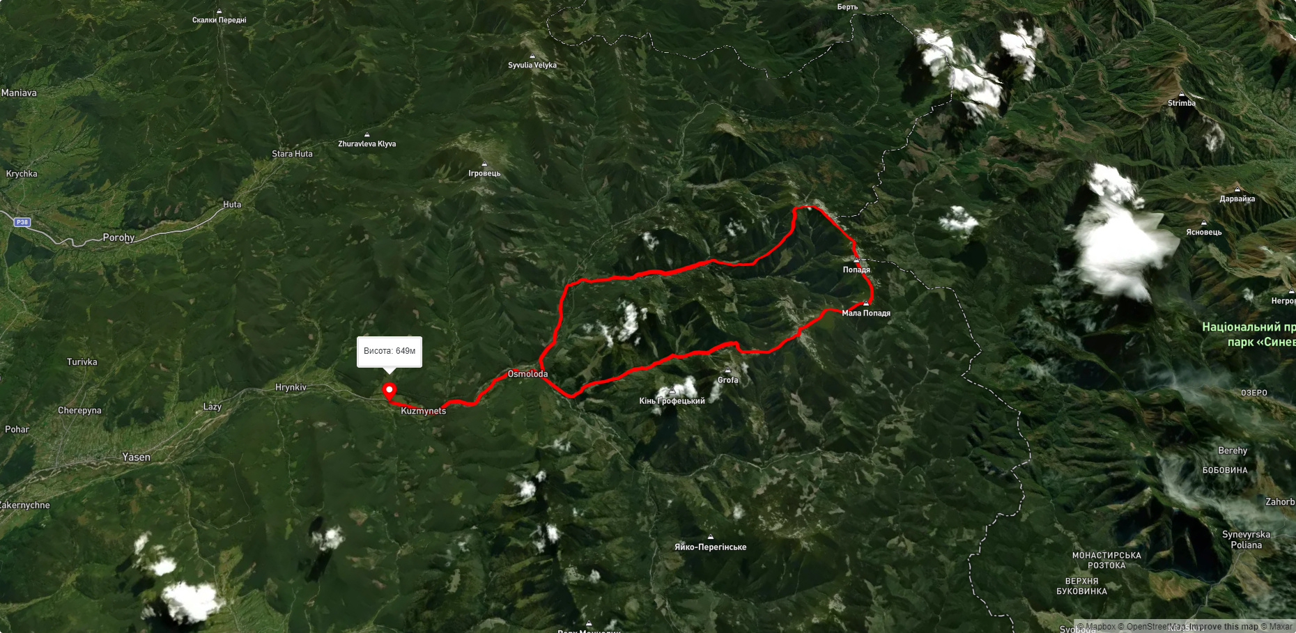 с. Осмолода, через пол. Плісце, г. Коретвина, г. М. Попадя, г. В. Попадя до с. Осмолода