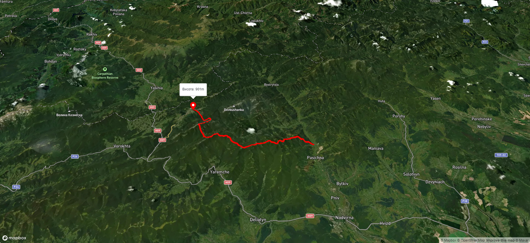 с. Пасічна, через г. Синяк, г. Малий Горган до с. Поляниця