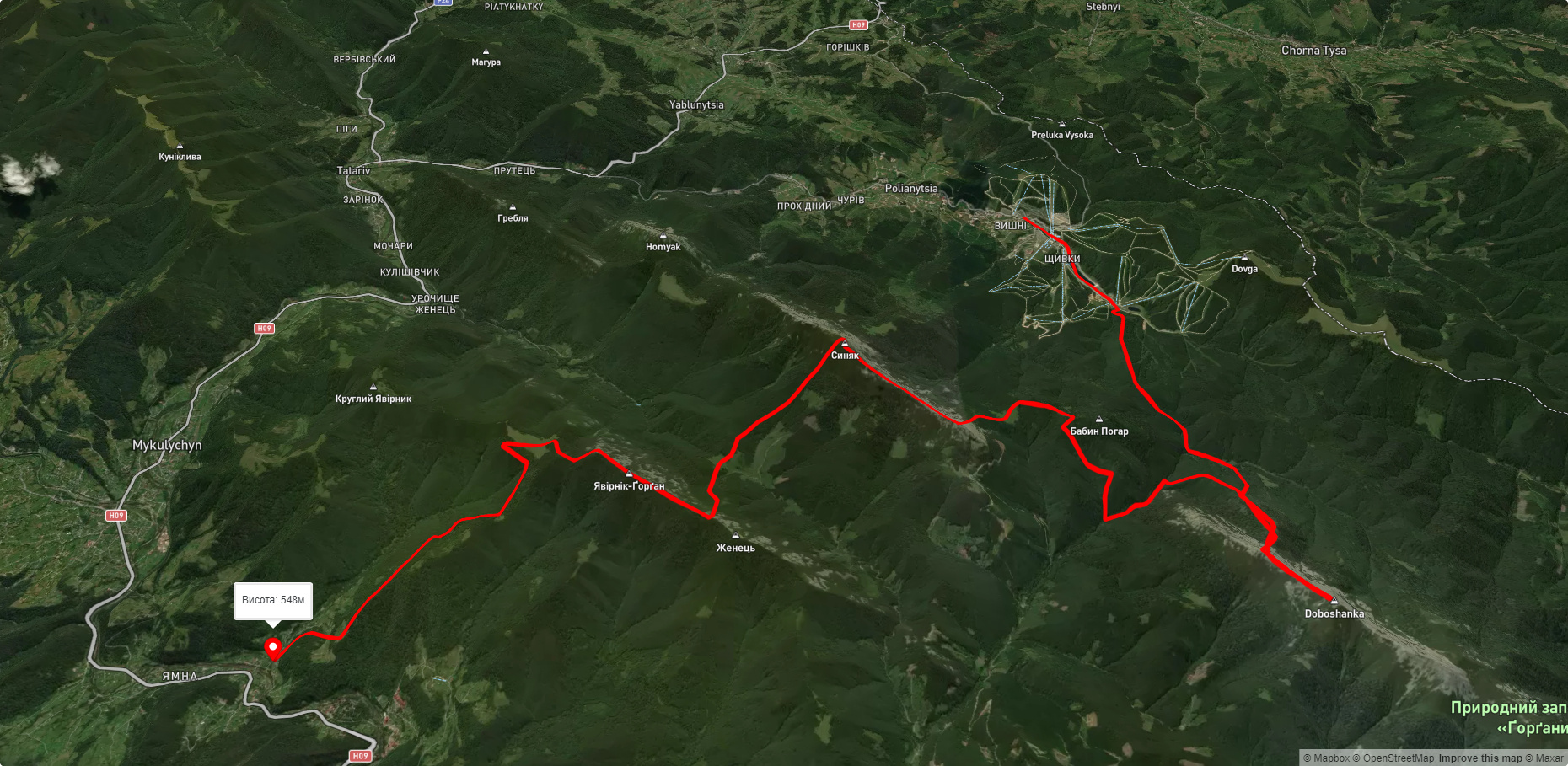 с. Поляниця, через г. Довбушанка, г. Малий Горган, г. Синяк, г. Явір-Горгани до м. Яремче