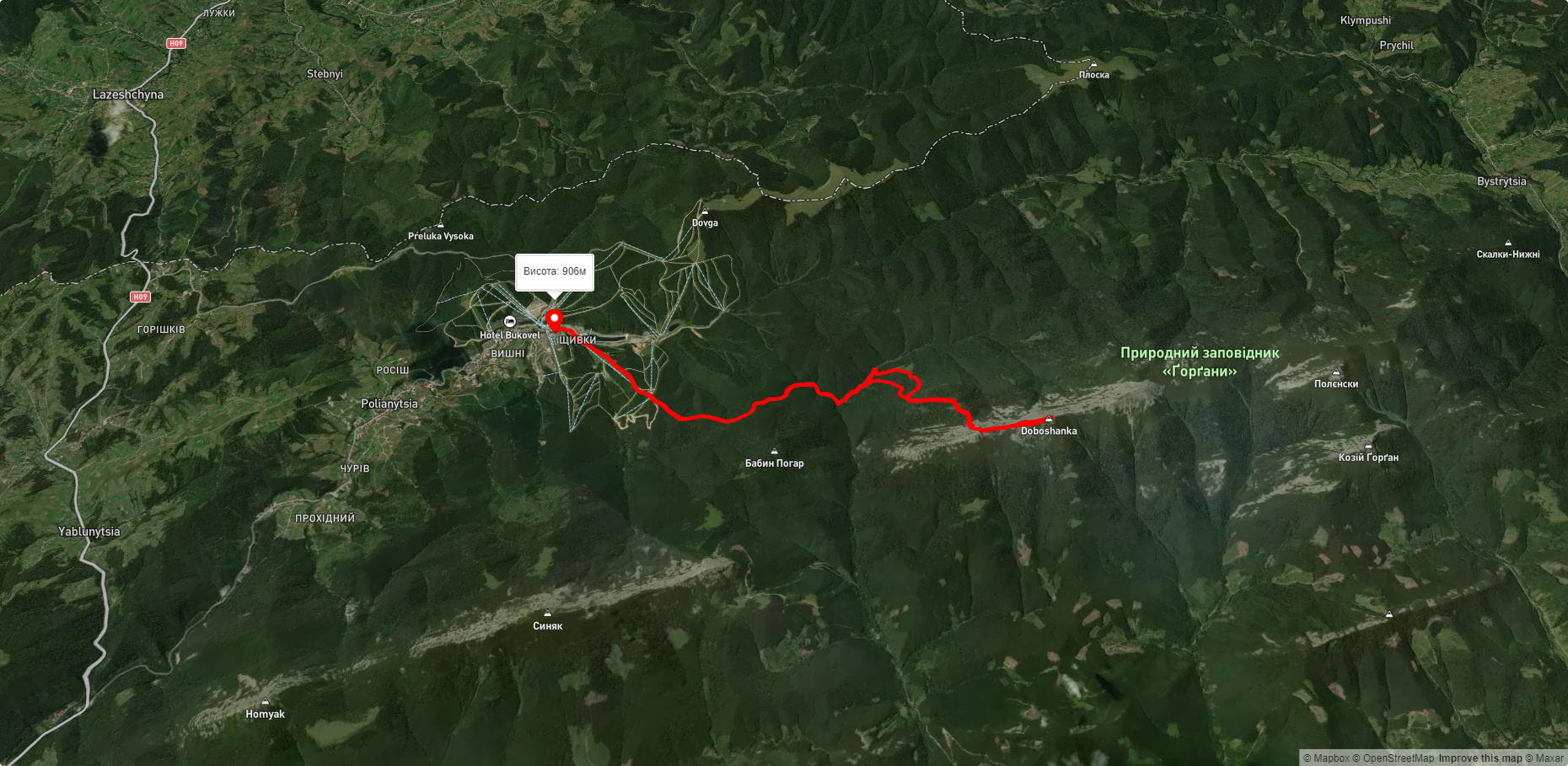 с. Поляниця, через г. Довбушанка, г. Ведмежик до с. Поляниця