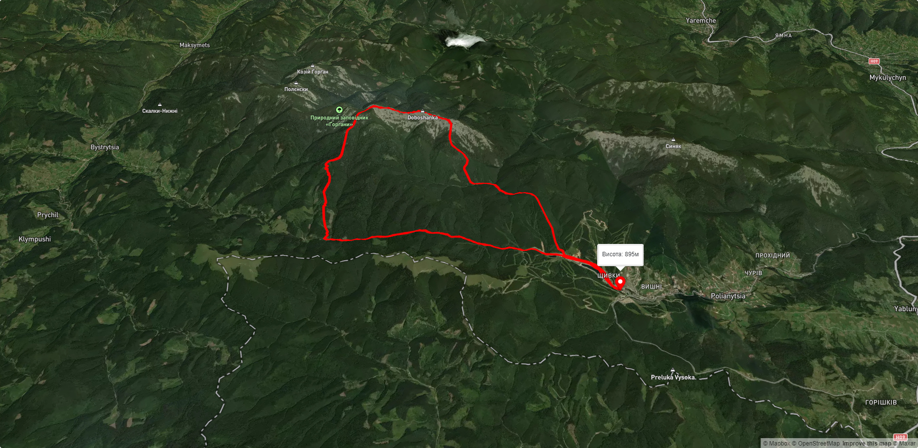 с. Поляниця, через г. Довбушанка, г. Ведмежик до с. Поляниця