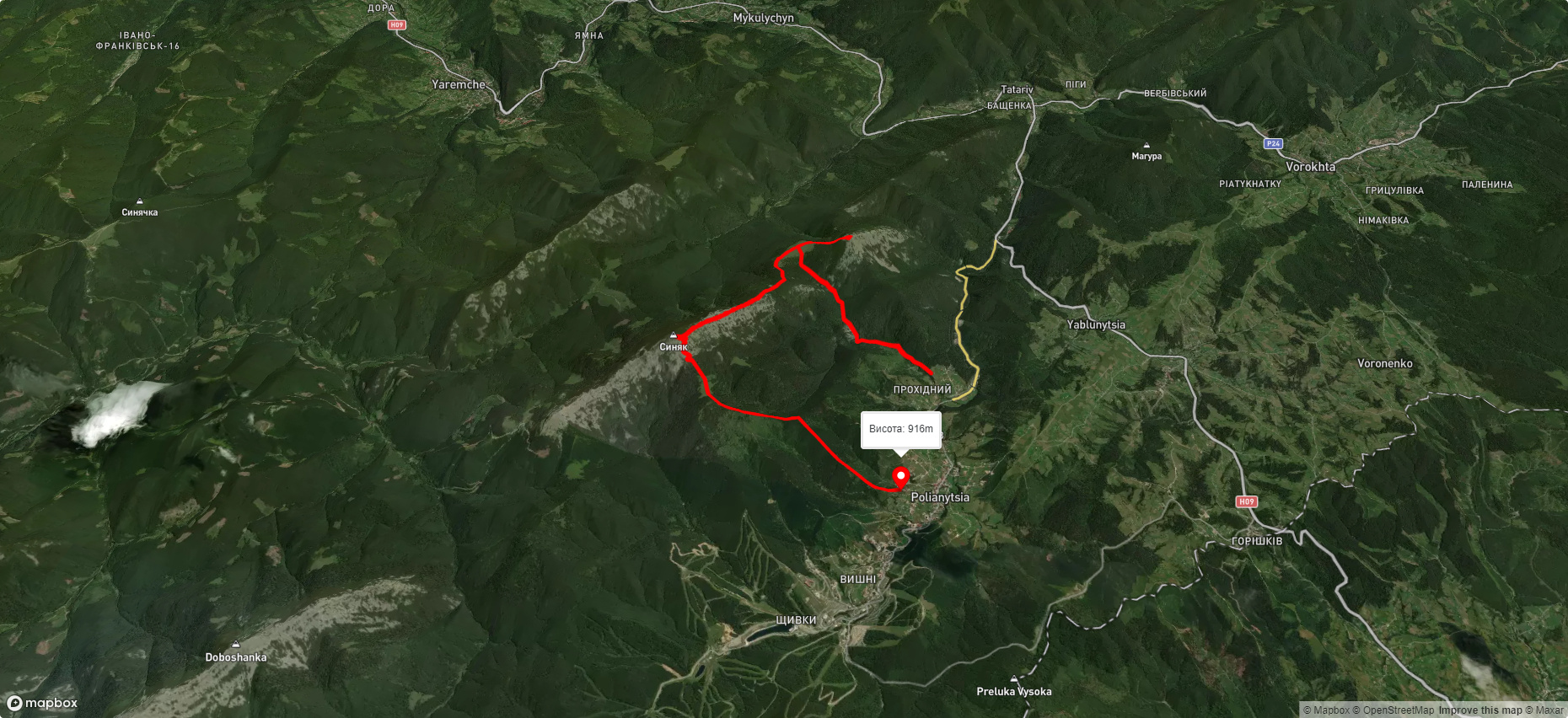 с. Поляниця, через г. Хом'як, г. Синяк до с. Поляниця