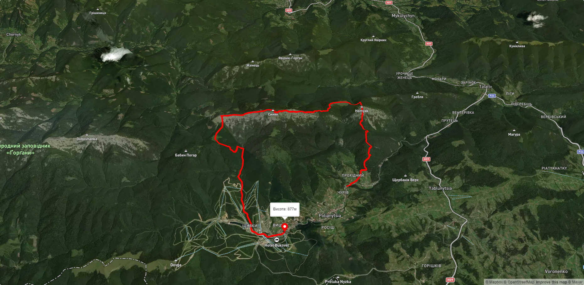 с. Поляниця, через г. Хом'як, г. Синяк, г. Малий Горган до с. Поляниця