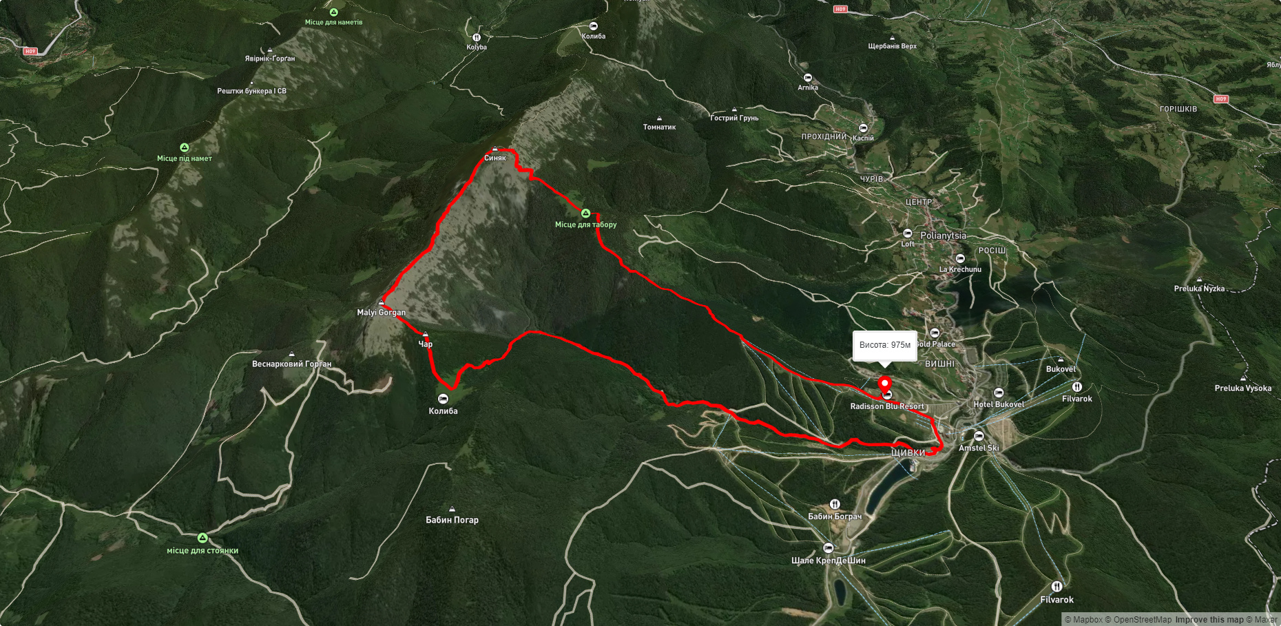 с. Поляниця, через г. Малий Горган, г. Синяк до с. Поляниця