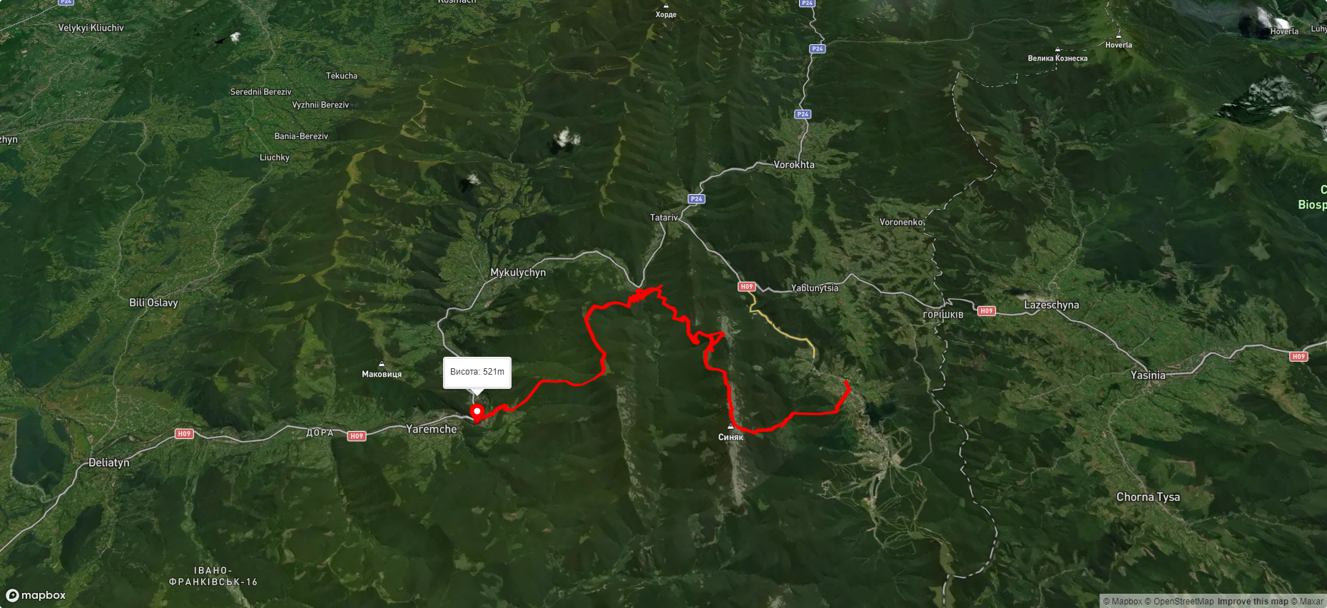 с. Поляниця, через г. Синяк, г. Хом'як, ур. Женець, пол. Явірник до м. Яремче