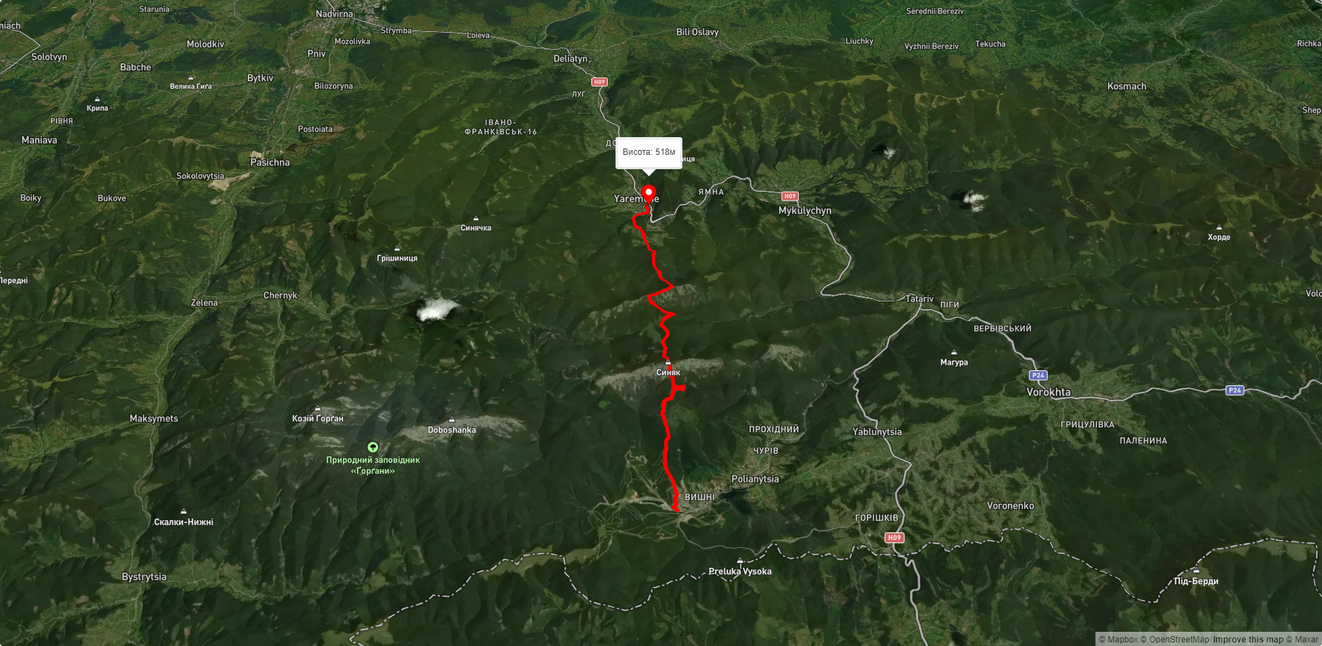 с. Поляниця, через г. Синяк, г. Явірник до м. Яремче