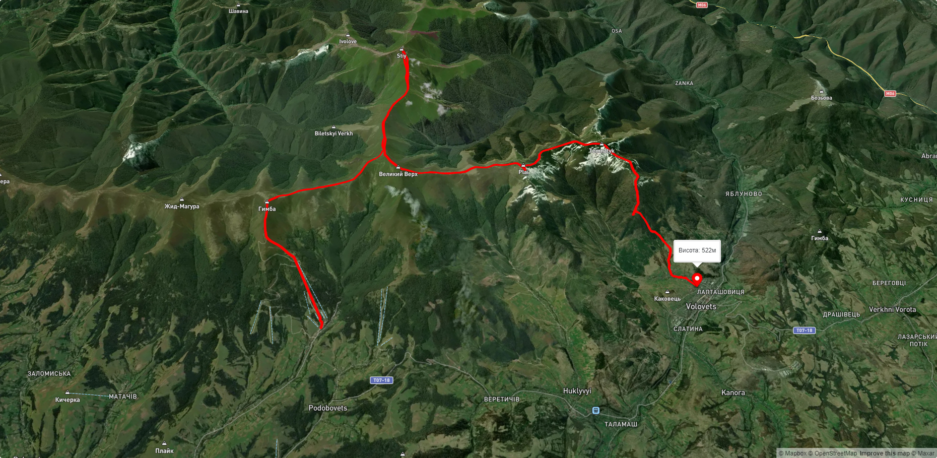 с. Пилипець, через г. Гемба, г. Стій, г. Великий Верх до смт. Воловець