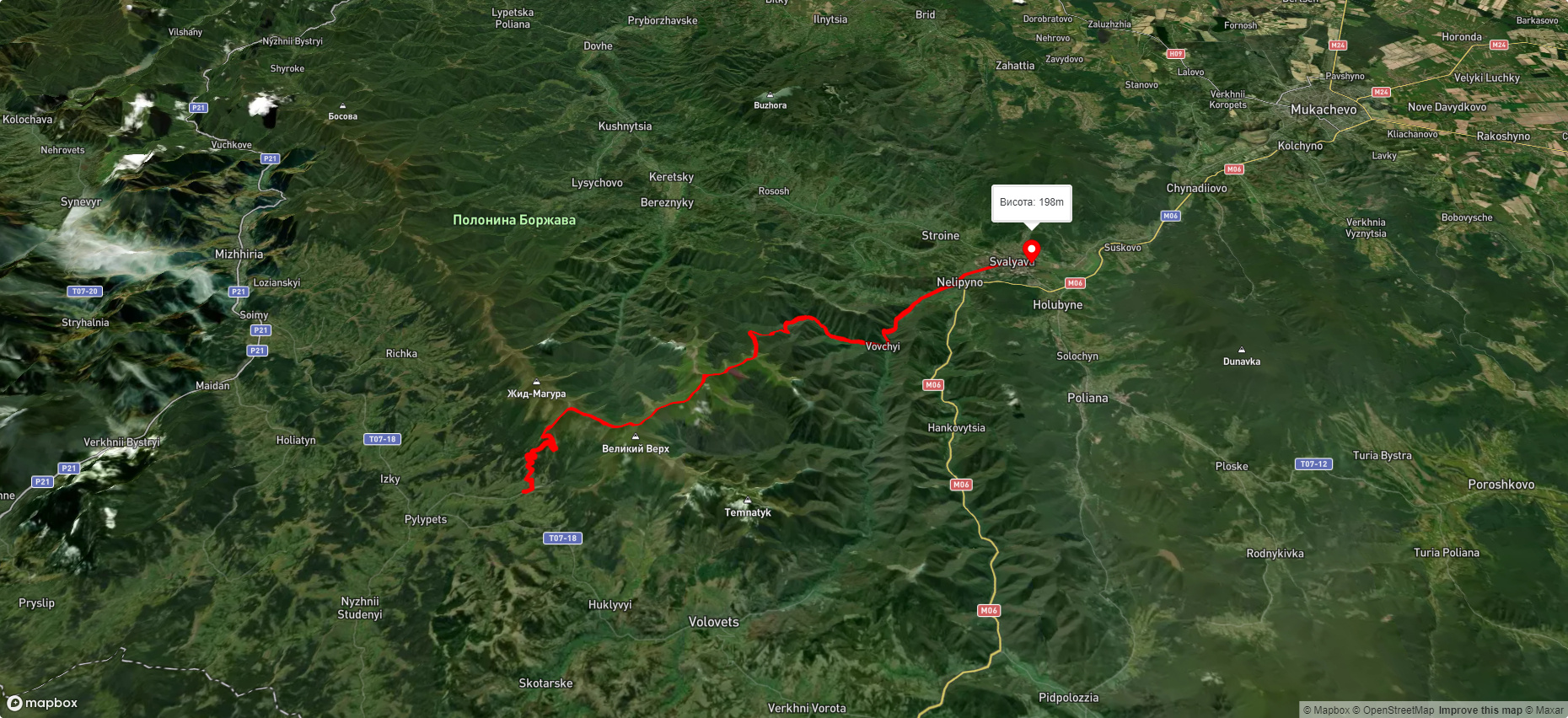 с. Пилипець, через г. Гемба, г. Стій, с. Вовчий до м. Свалява