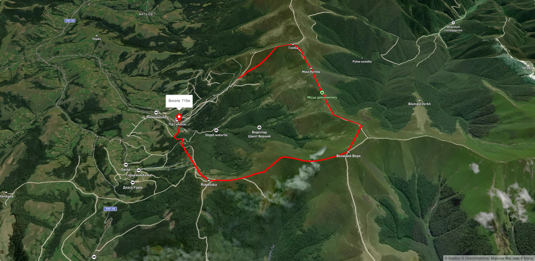 с. Пилипець, через г. Гемба, г. Великий Верх до с. Пилипець