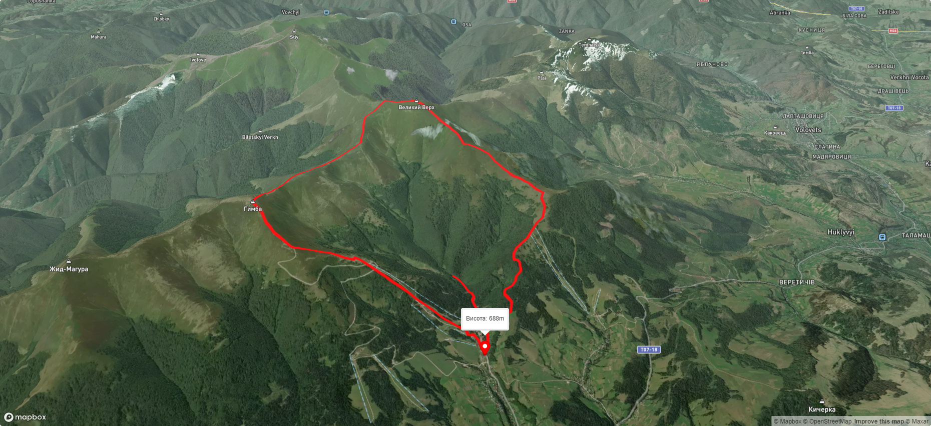 с. Пилипець, через г. Гемба, г. Великий Верх, вдсп. Шипіт до с. Пилипець