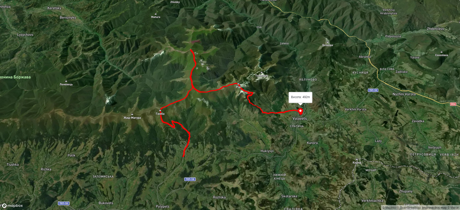 с. Пилипець, через вдсп. Шипіт, г. Гемба, г. Стій, г. Великий Верх до с. Воловець
