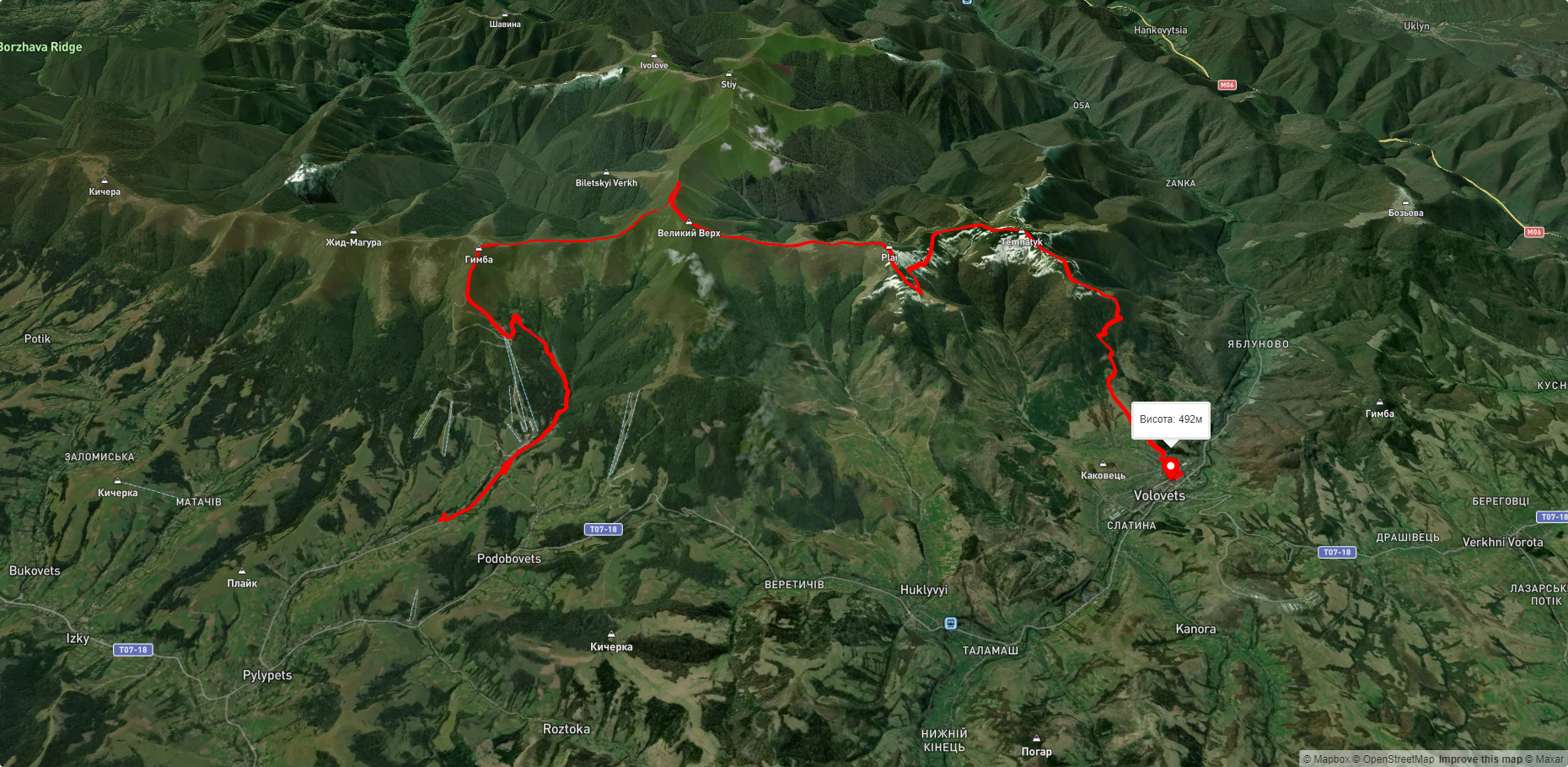 с. Пилипець, через вдсп. Шипіт, г. Гемба, г. Великий Верх до смт. Воловець