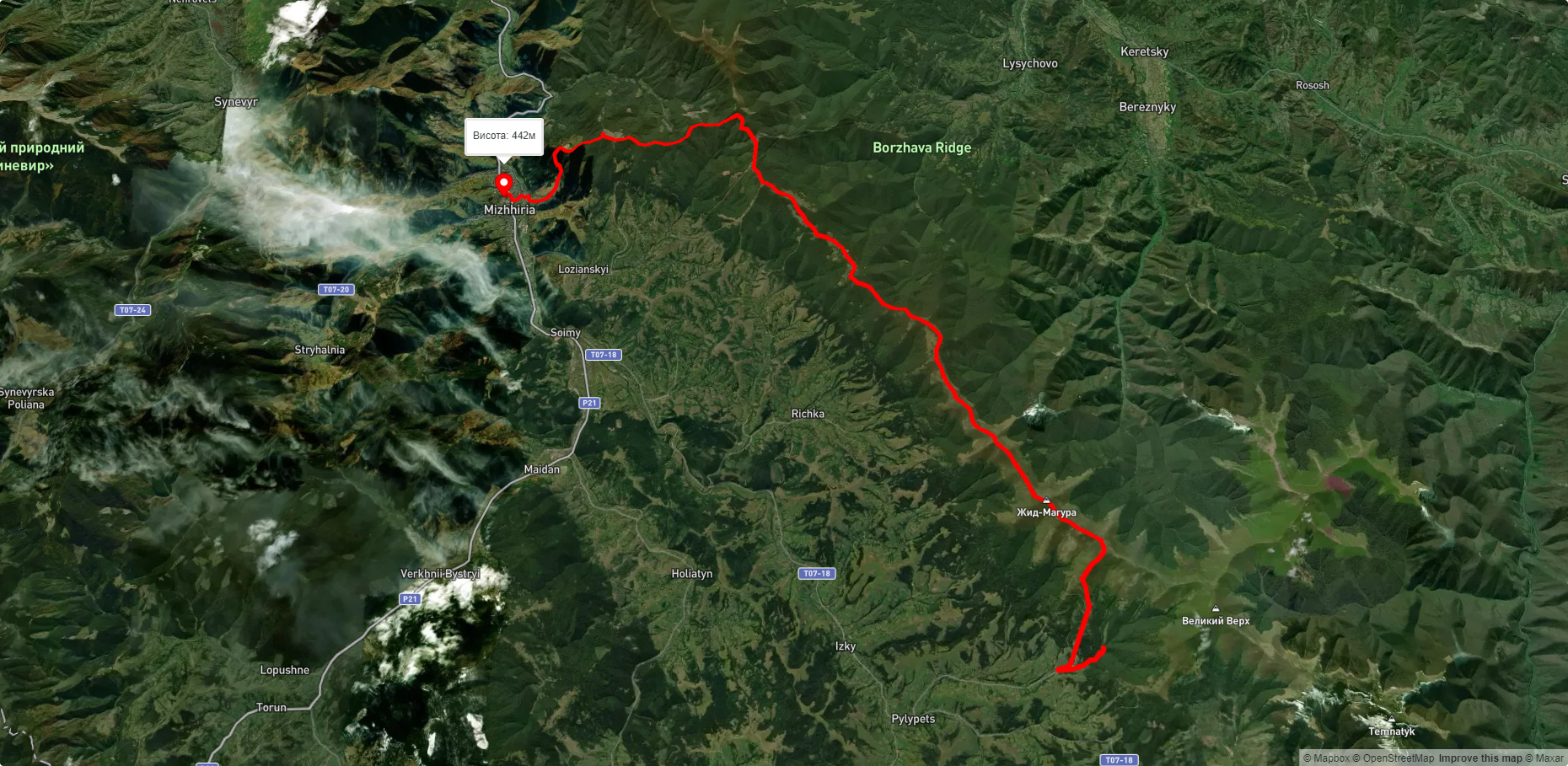 с. Пилипець, через вдсп. Шипіт, г. Гемба, г. Жид-Магура до смт. Міжгір'я,