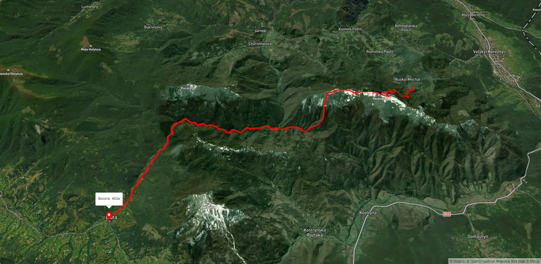 с. Руський Мочар, через г. Явірник, ур. Бацова Яма до с. Люта