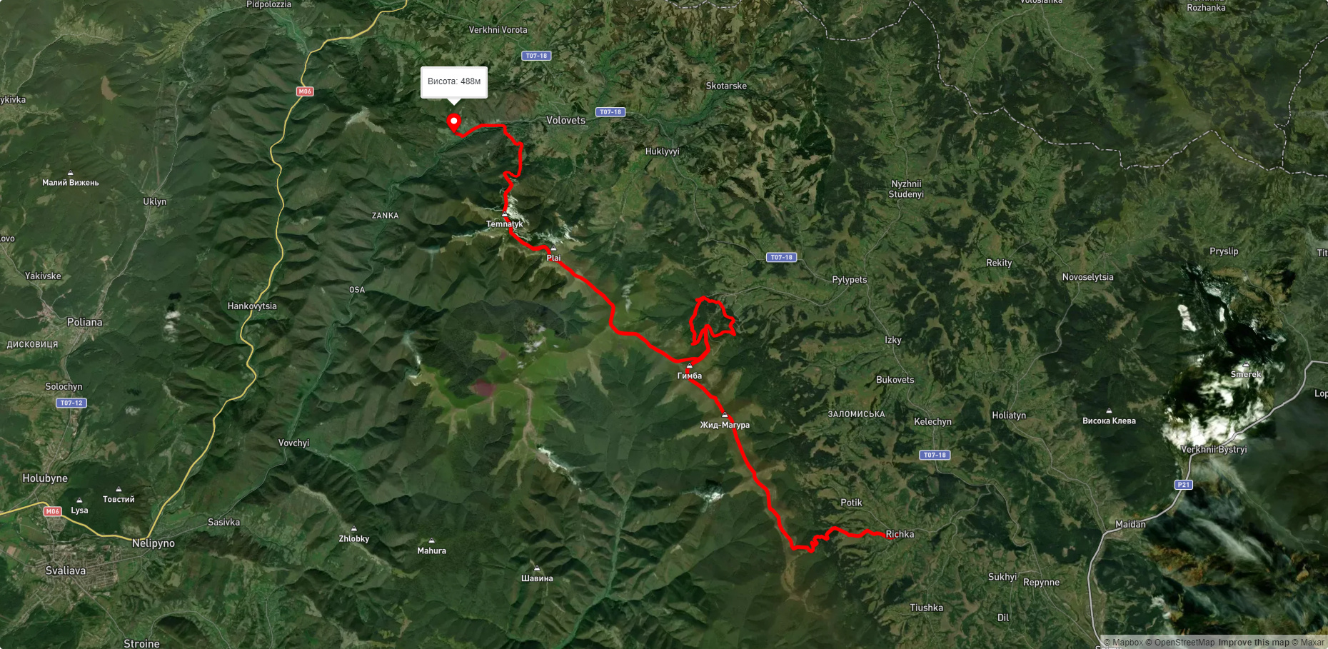 с. Ричка, через г. Жид-Магура, г. Гемба, вдсп. Шипіт, г. Великий Верх до смт. Воловець