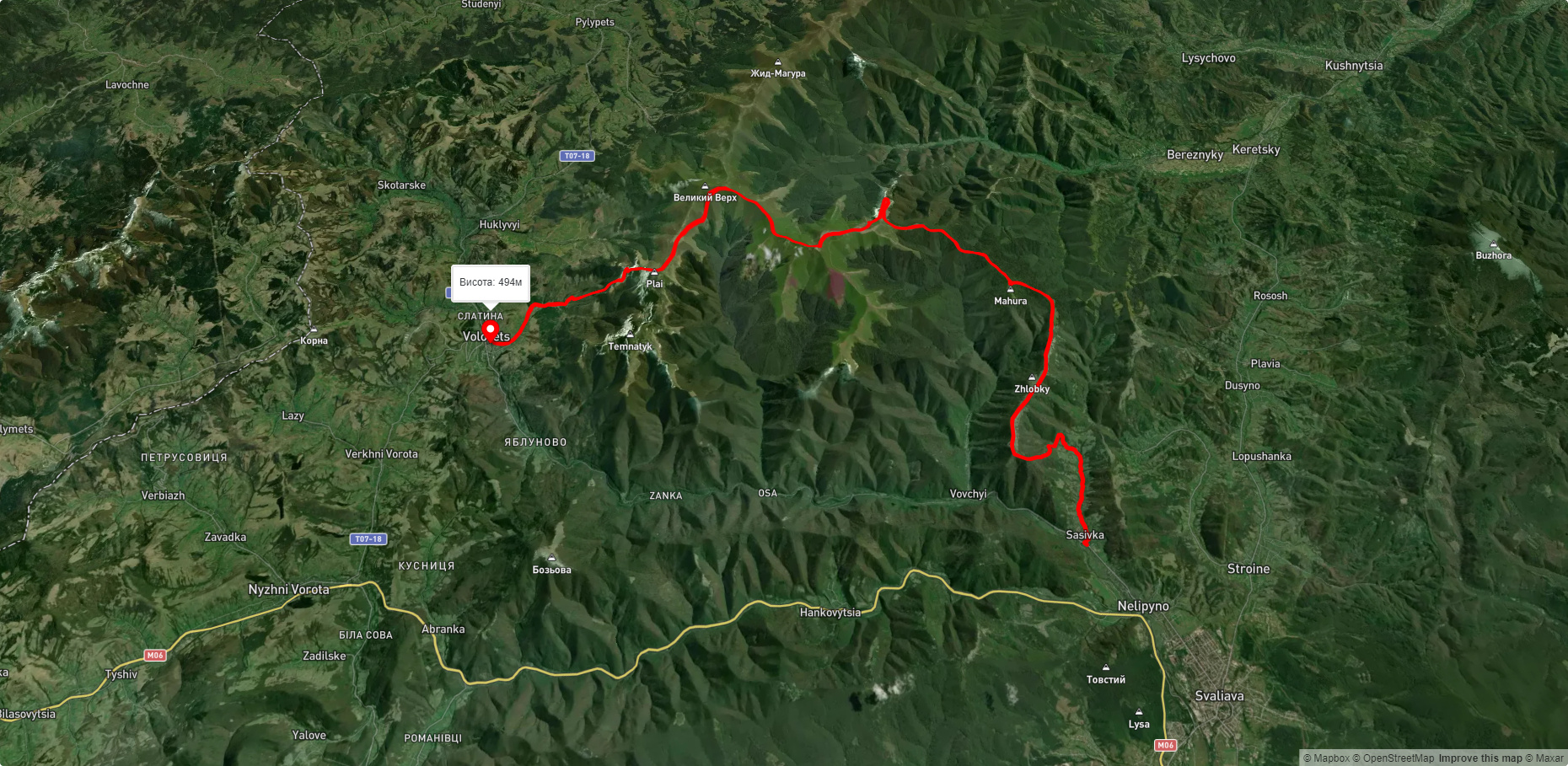 с. Сасівка, через г. Іволове, г. Стій, траверс г. Великий Верх, г. Плай до смт. Воловець
