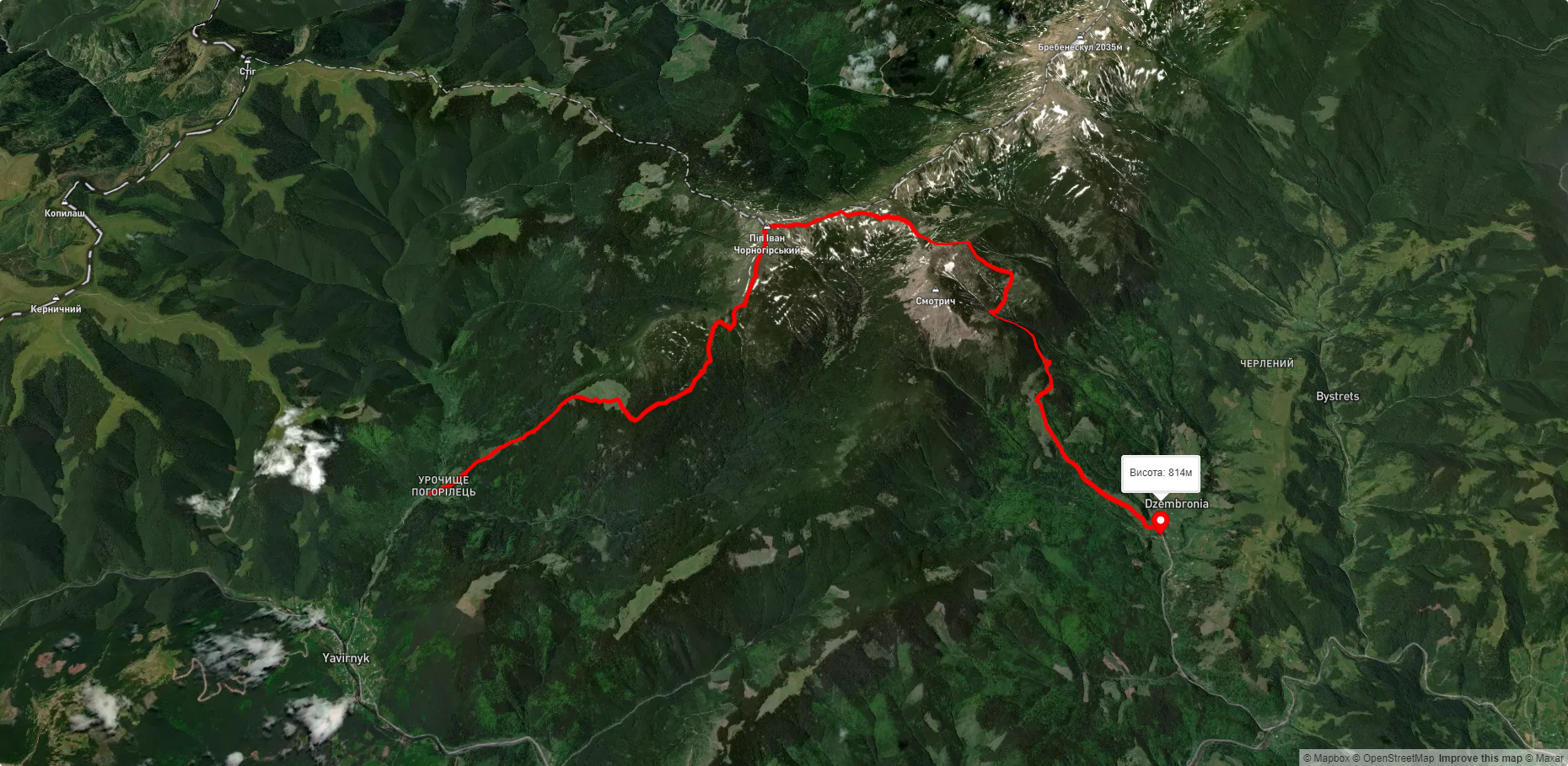 с. Шибене, через г. Піп Іван Чорногірнський до с. Дземброня