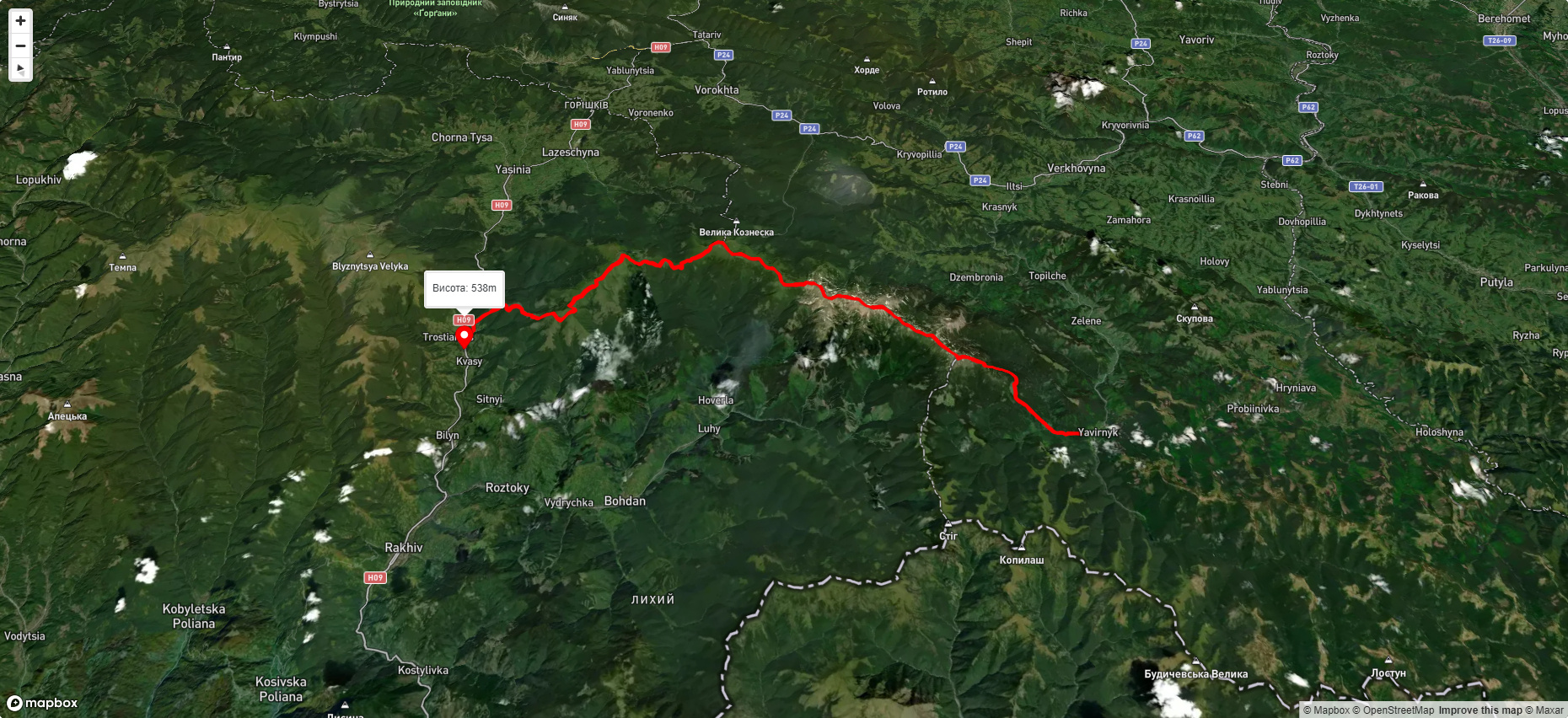 с. Шибене, через г. Піп Іван Чорногірський, г. Говерла, г. Петрос до с. Кваси