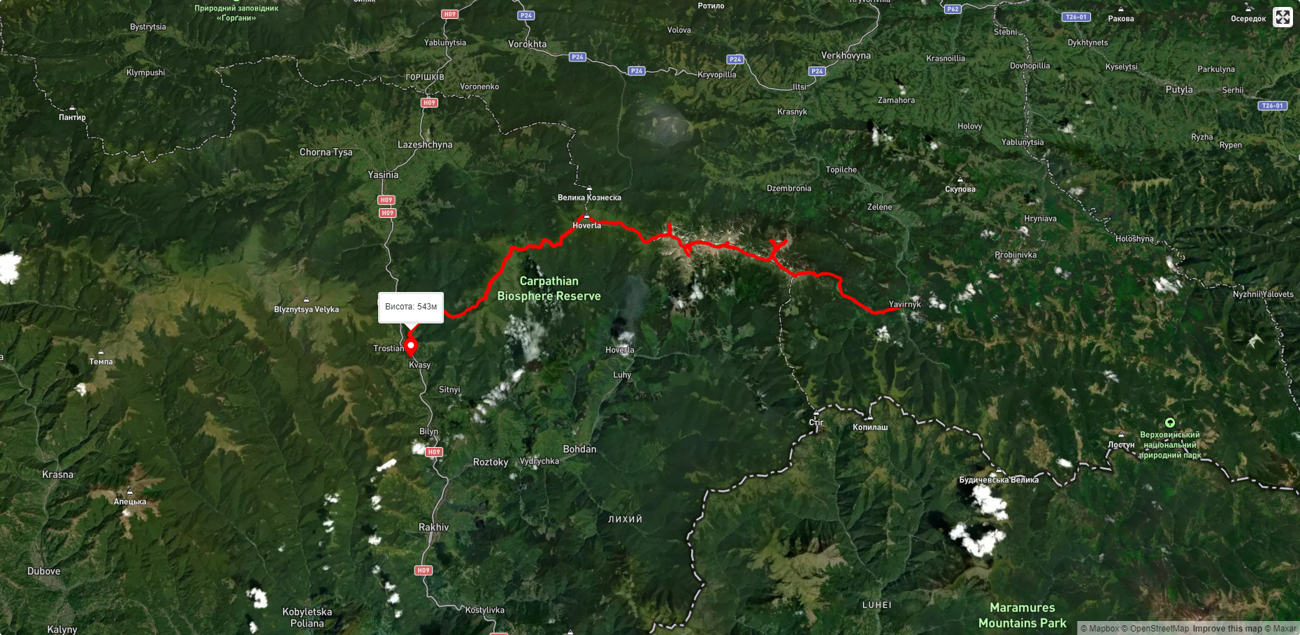 с. Шибене, через г. Піп Іван Чорногірський, г. Говерла, г. Петрос до с. Кваси