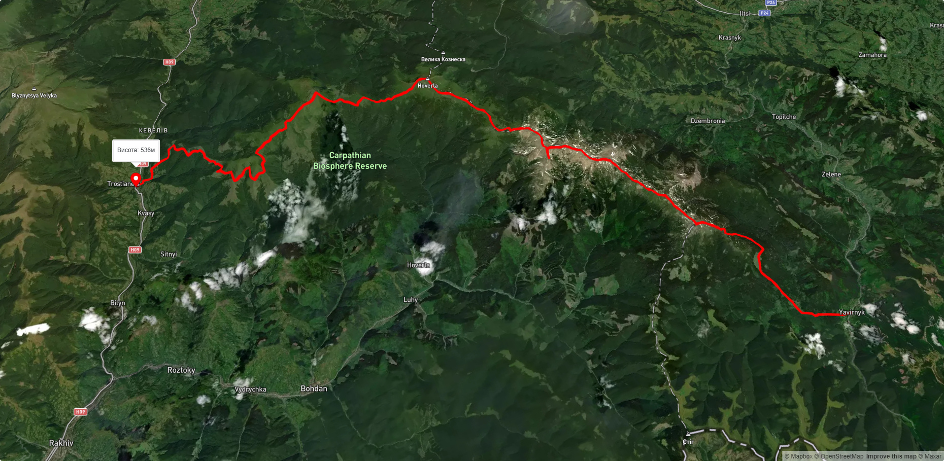 с. Шибене, через г. Піп Іван Чорногірський, г. Говерла, г. Петрос до с. Кваси