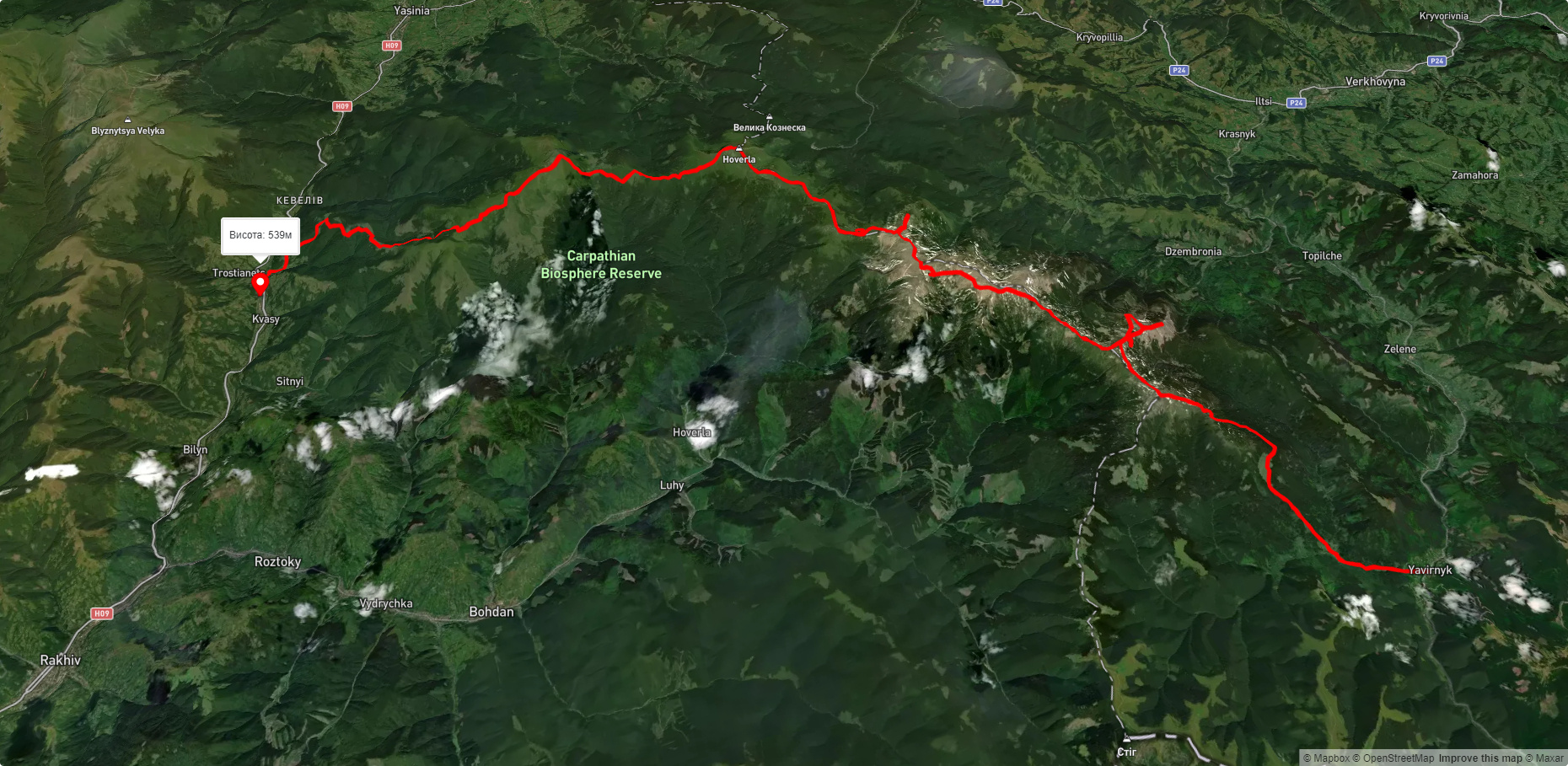 с. Шибене, через г. Піп Іван Чорногірський, г. Говерла, г. Петрос до с. Кваси