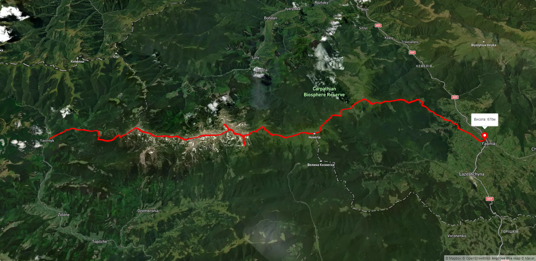 с. Шибене, через г. Піп Іван Чорногірський, г. Говерла, г. Петрос до смт. Ясіня