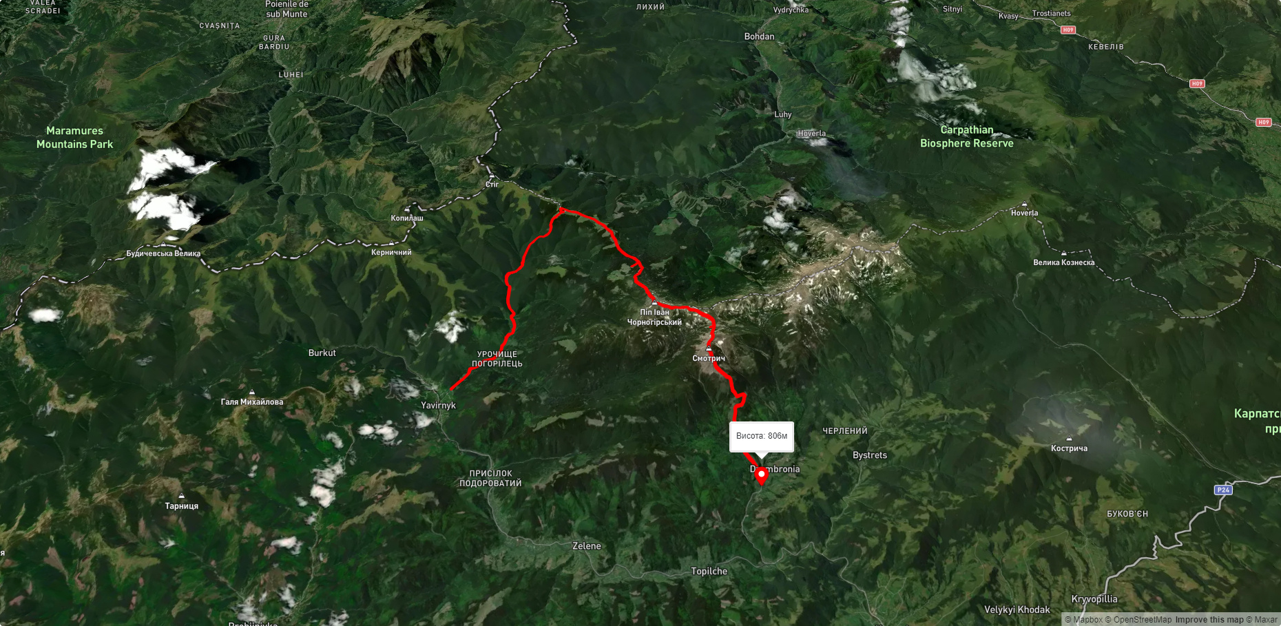 с. Шибене, через г. Щавник, г. Васкул, г. Піп Іван Чорногірський, г. Смотрич до с. Дземброня