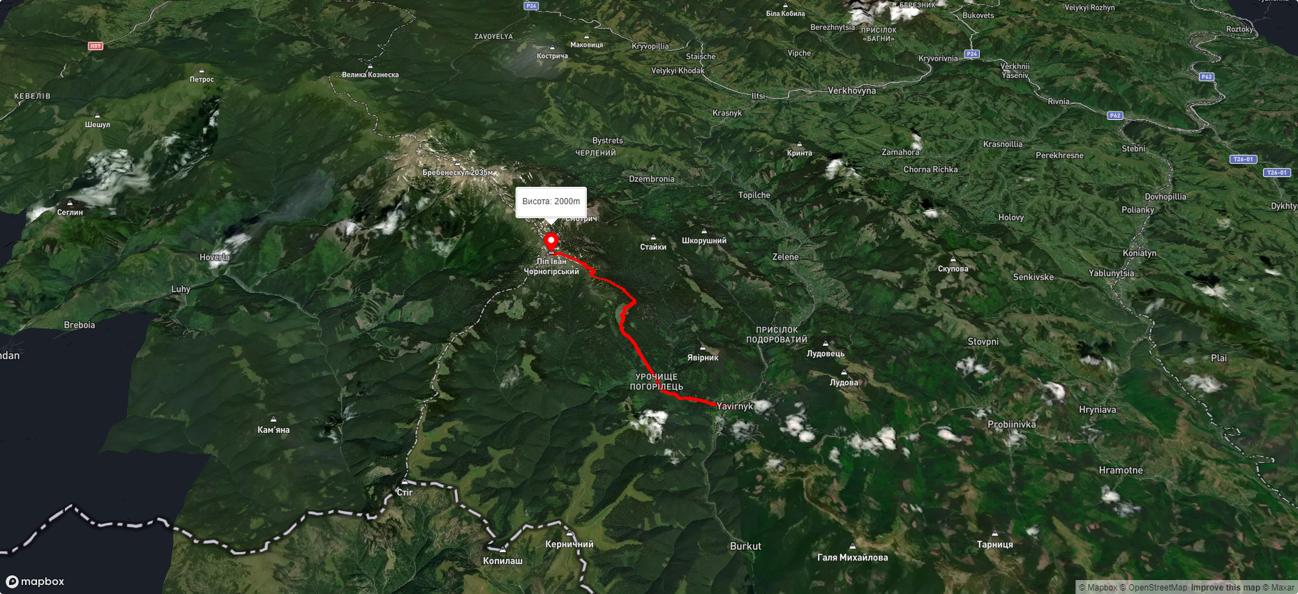 с. Шибене, через пол. Веснарка до г. Піп Іван Чорногірський