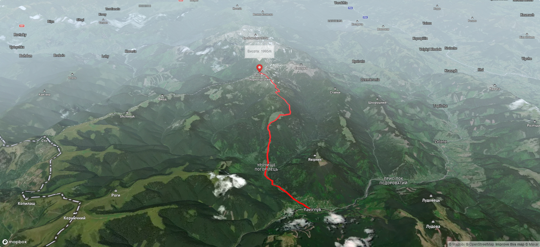 с. Шибене, через пол. Веснарка до г. Піп Іван Чорногірський