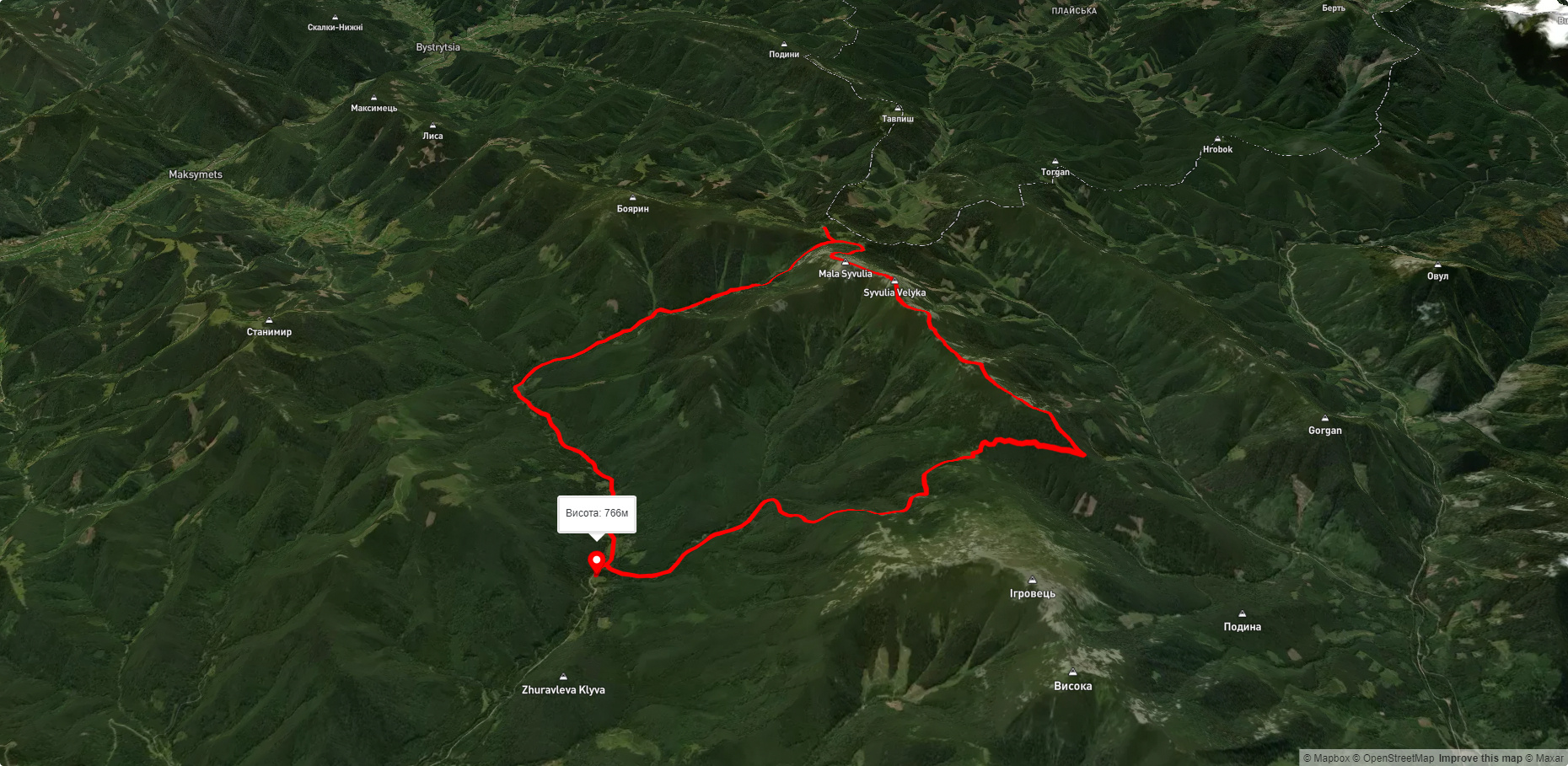 с. Стара Гута, через г. Боревка, г. Лопушна, г. Сивуля, пол. Рущина до с. Стара Гута